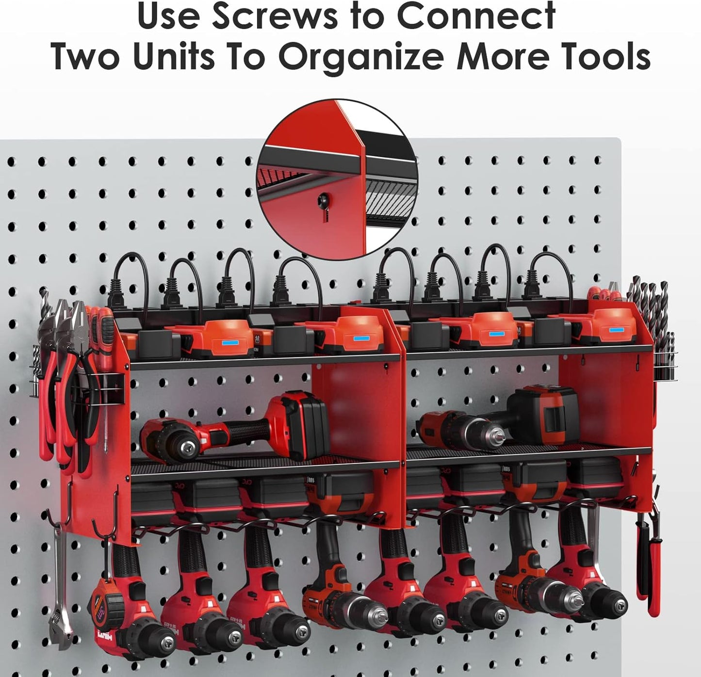 CCCEI Set Power Tool Organizer Wall Mount with Charging Station. Garage 8 Drills Storage Shelf with Hooks, Screwdriver, Drill Bit Heavy Duty Rack, Tool Battery Holder Built in 8 Outlet Power Strip.