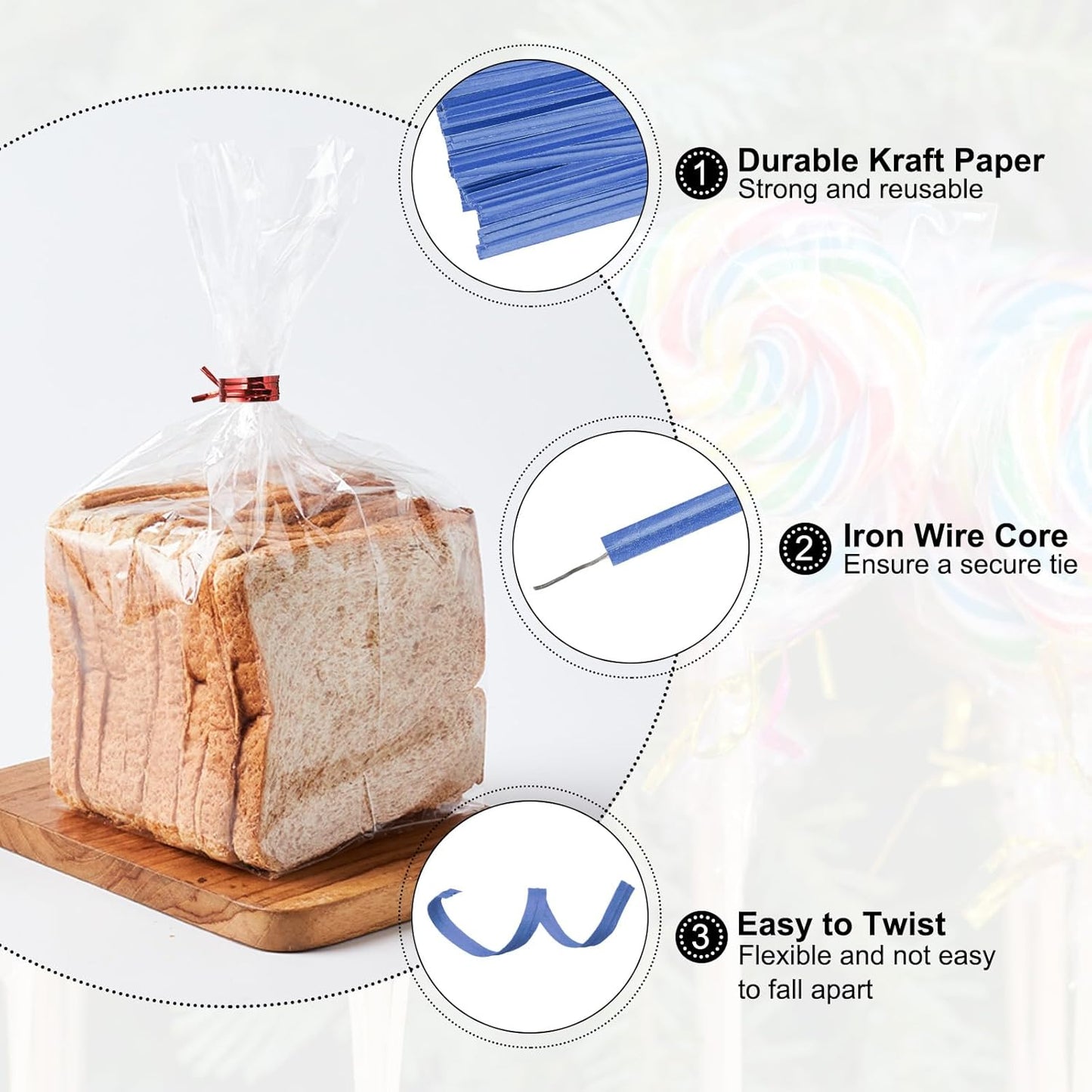 HARFINGTON 1000pcs Bag Twist Ties 3.5" Reusable Kraft Paper Twist Ties Wire Cable Ties for Party Bread Candy Cake, Blue