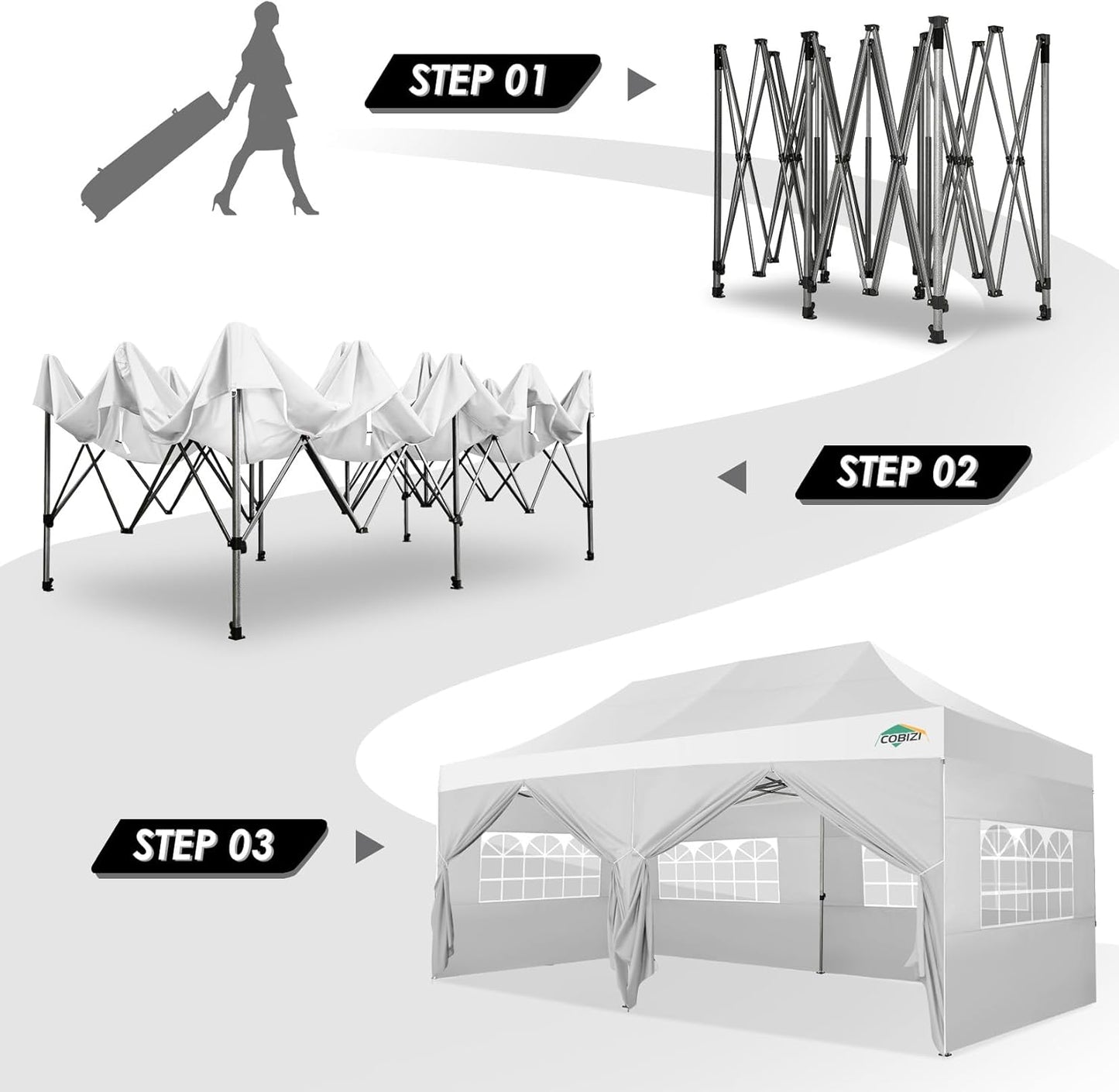 COBIZI 10x20 Canopy with Sidewalls, Heavy duty Party Tent Pop up carpas para fiestas, Tents for Parties, wedding, Outdoor Ez up Foldable Portable Canopy Tent with Wheeled Bag, White(Windproof Upgrade)