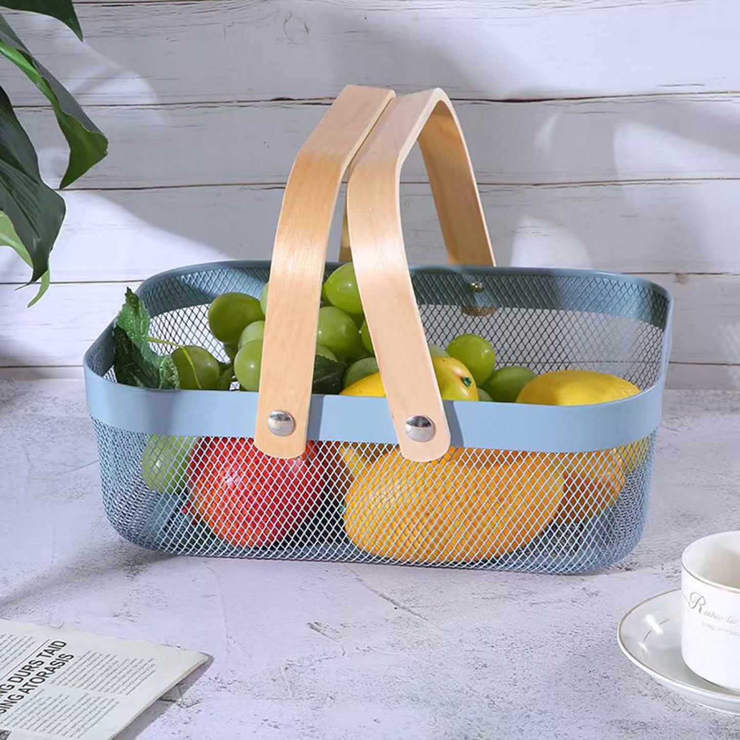 Metal Mesh Steel Basket, Storage Organizer Baskets Garden Harvest Basket Multi-functional Kitchen Fruit Baskets Bin with Wooden Handle for Bathroom Picnic Shopping Decor Cabinet Home, Blue