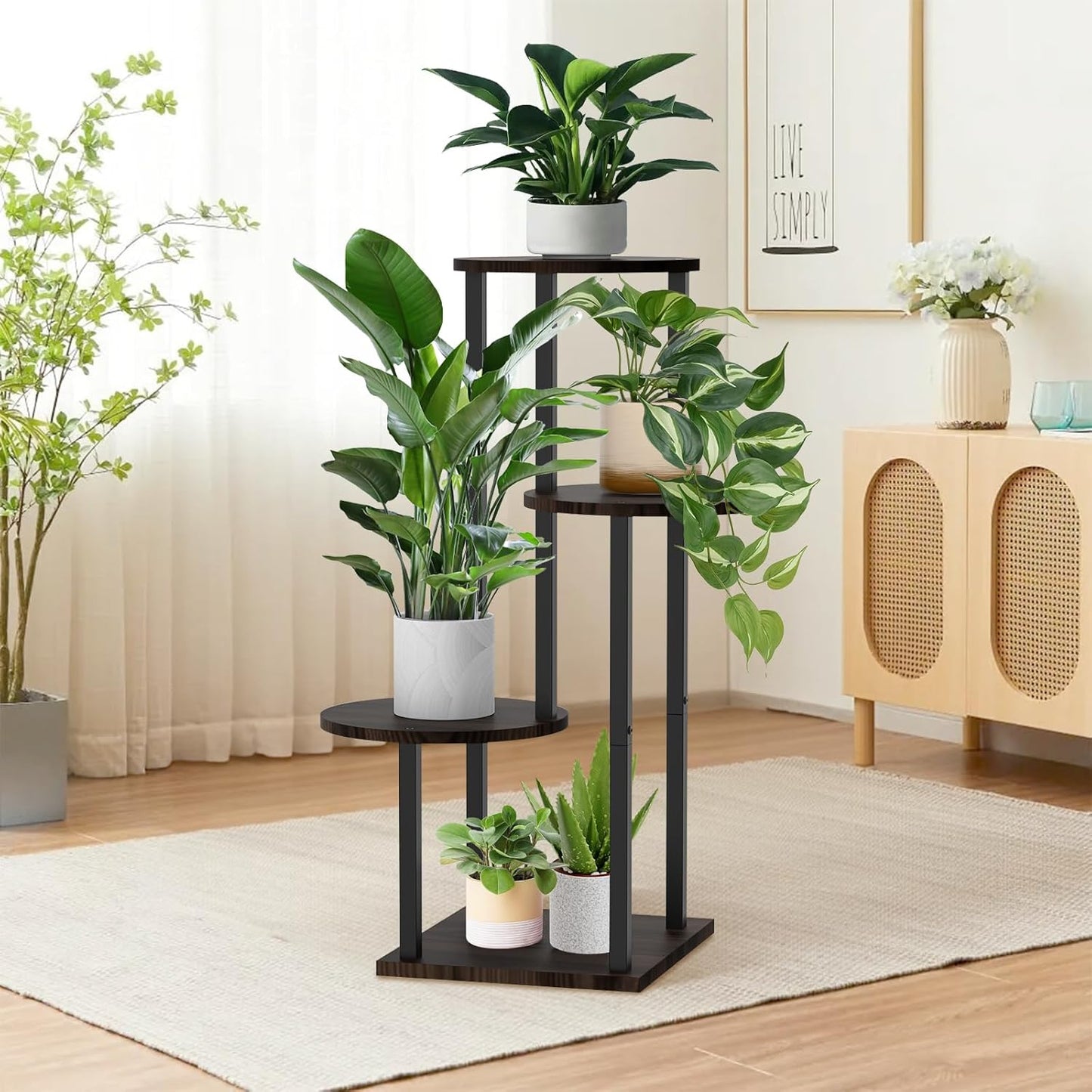 4 Tier Plant Stand Indoor, Metal Wooden Tall Plant Shelf Flower Pot Stand for Multiple Plants, Corner Flower Holder Plant Display Rack for Living Room Balcony Patio Garden (Black)