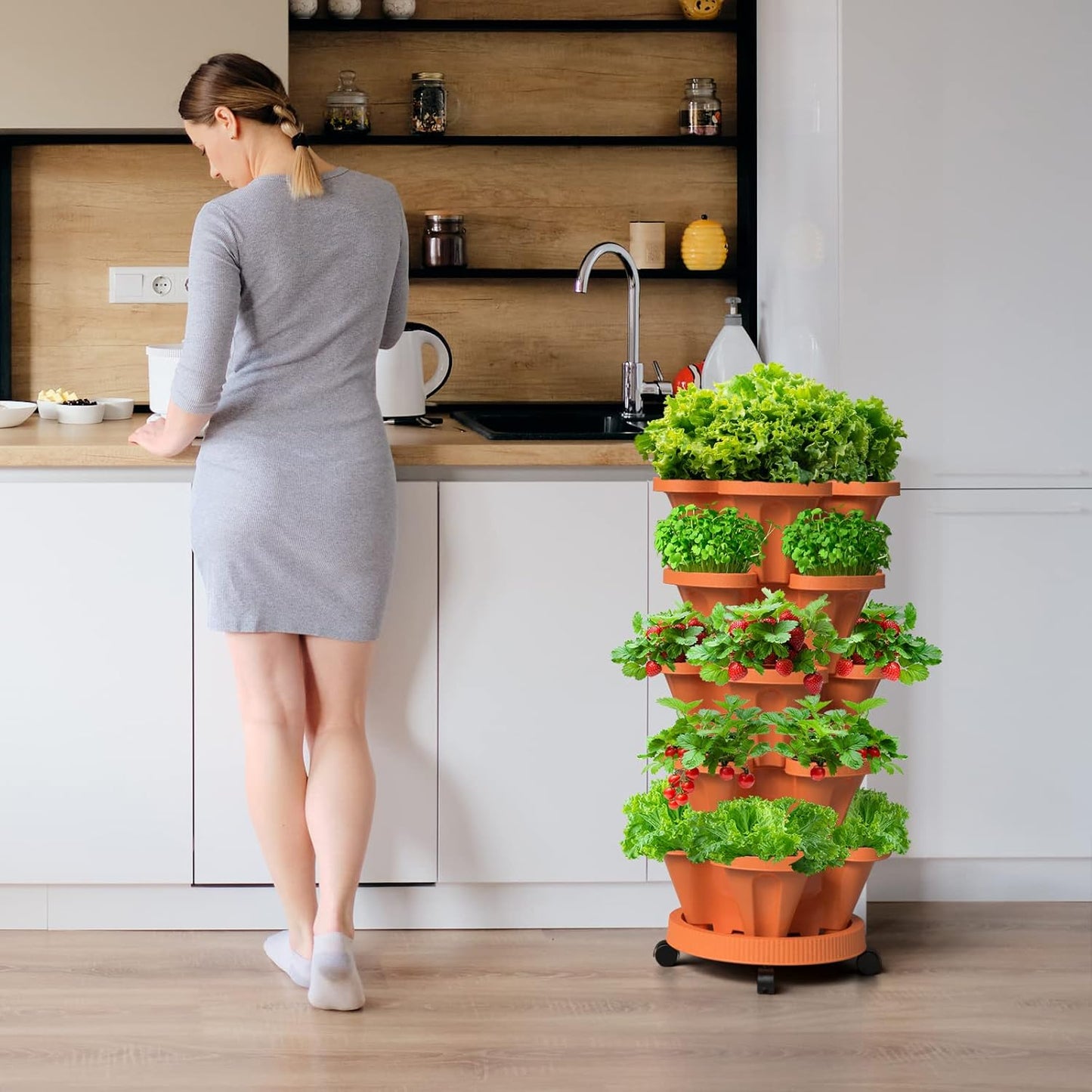 Strawberry Vertical Planters, 3 Tiered Stacking Tower Garden, Stackable Herb Vegetable Planters with Movable Casters and Bottom Saucer Indoor and Outdoor