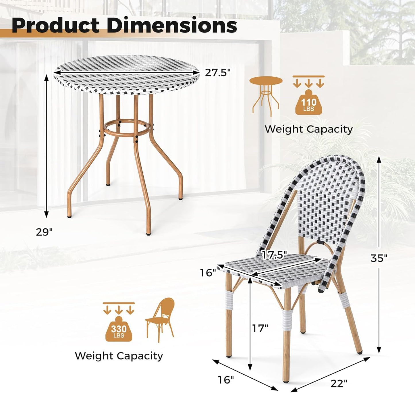 Tangkula 3 Piece French Bistro Table Chair Set, Outdoor Wicker Round Table & 2 Dining Chairs with Metal Support, Outside Accent Dining Furniture Set for Garden, Balcony, Porch