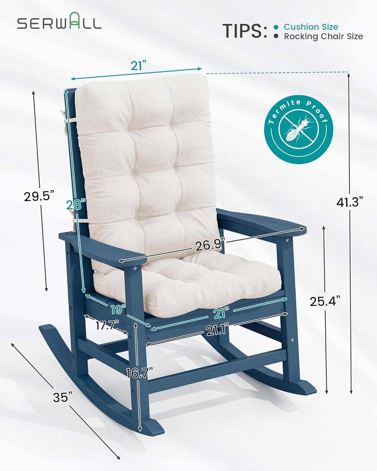 SERWALL Oversized Outdoor Rocking Chair, HDPE Rocker with Cushion, Patio Rocking Chairs for Porch, Blue Chair+Beige Cushion