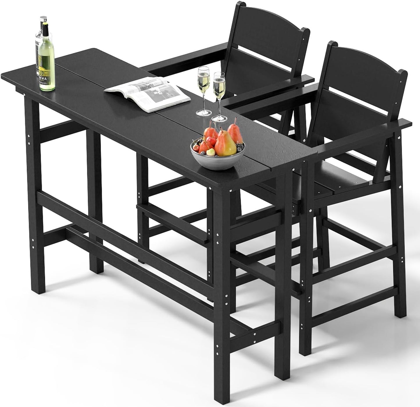 Bar Height Patio Table and Chairs Set, HDPE Outdoor Adirondack Bar Chairs and Patio Table, All-Weather Patio Furniture for Poolside, Backyard, Garden, High Top Patio Bar Set (Black, 3-Piece)