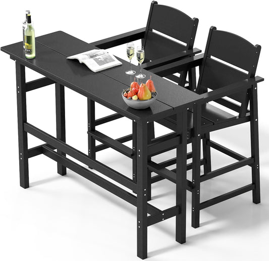 Bar Height Patio Table and Chairs Set, HDPE Outdoor Adirondack Bar Chairs and Patio Table, All-Weather Patio Furniture for Poolside, Backyard, Garden, High Top Patio Bar Set (Black, 3-Piece)