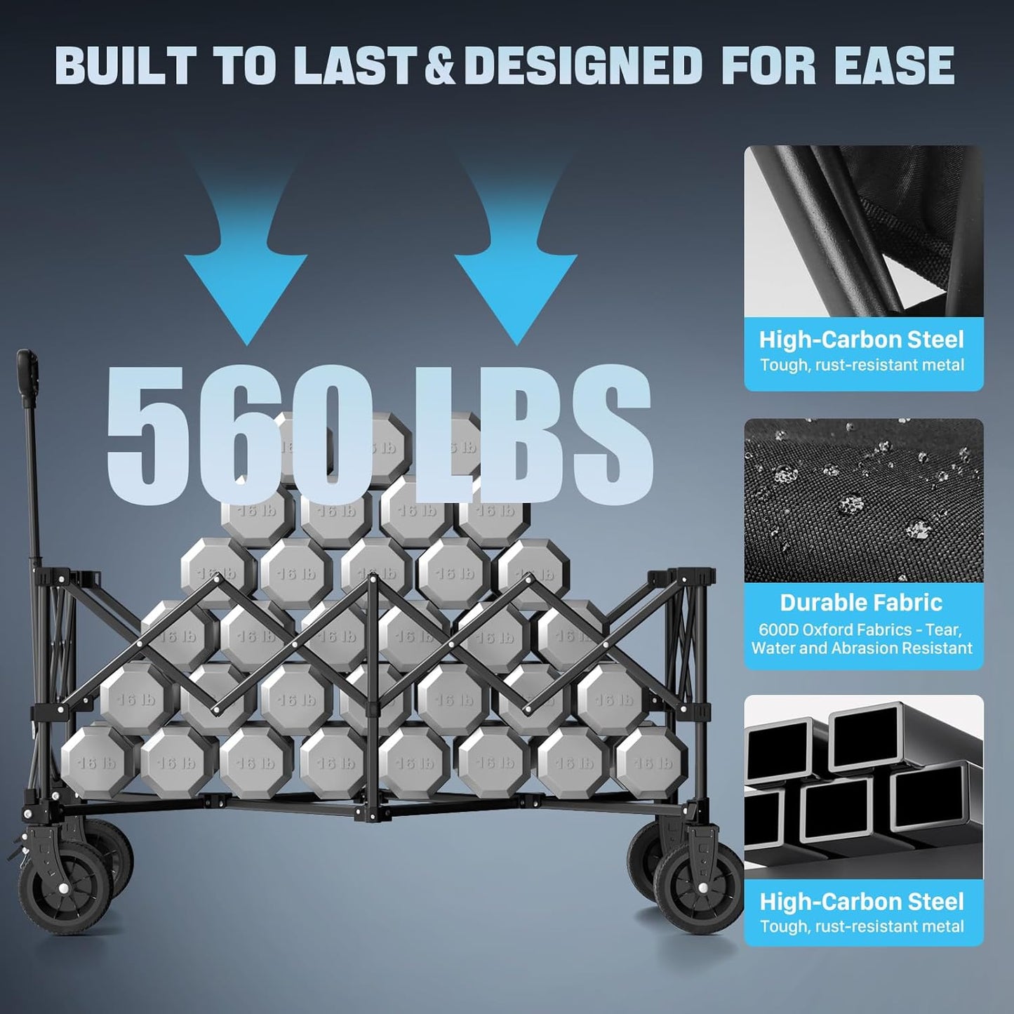 48″ Extra-Large Folding Wagon Cart, 560LBS Extra Large Wagon, 350L Heavy Duty Utility Cart with Brakes, All-Terrain Wheels, 600D Oxford Fabric, Foldable Design for Camping, Beach, Travel, Festival