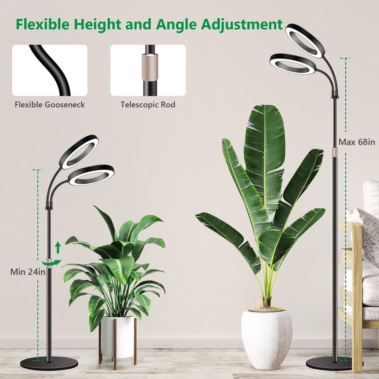 Large Plant Light for Indoor Plants, 2 Head Full Spectrum Grow Light with 68" Adjustable Stand for Growing Large Tall Plants, Black Halo Floor LED Grow Lamp with 16 Hour Timer