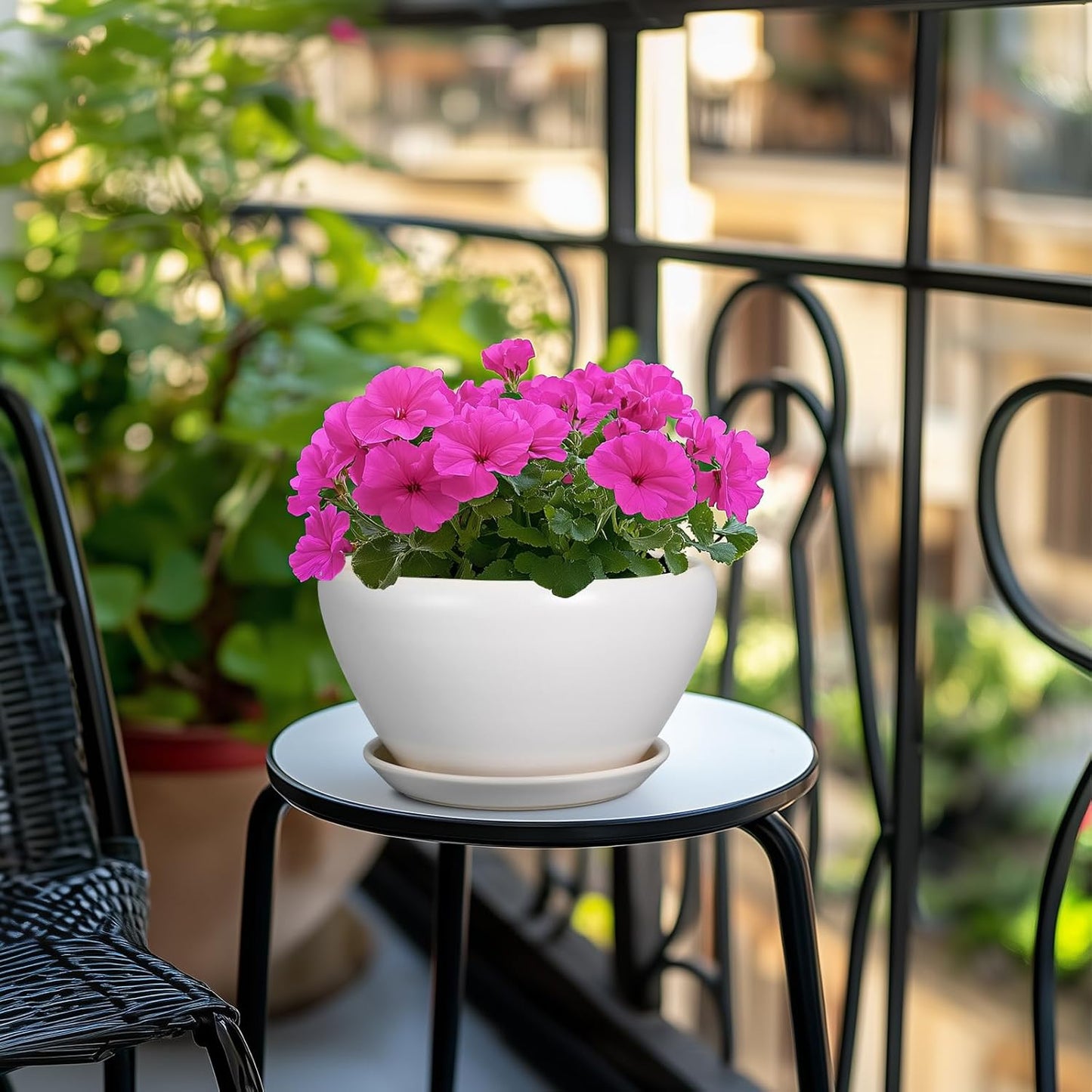 Ceramic Planter - 9 Inch Plant Pot Indoor with Drainage Hole and Saucer for Outdoor Plants Mid-Century Round Planter Modern Flower Pot for House Garden White