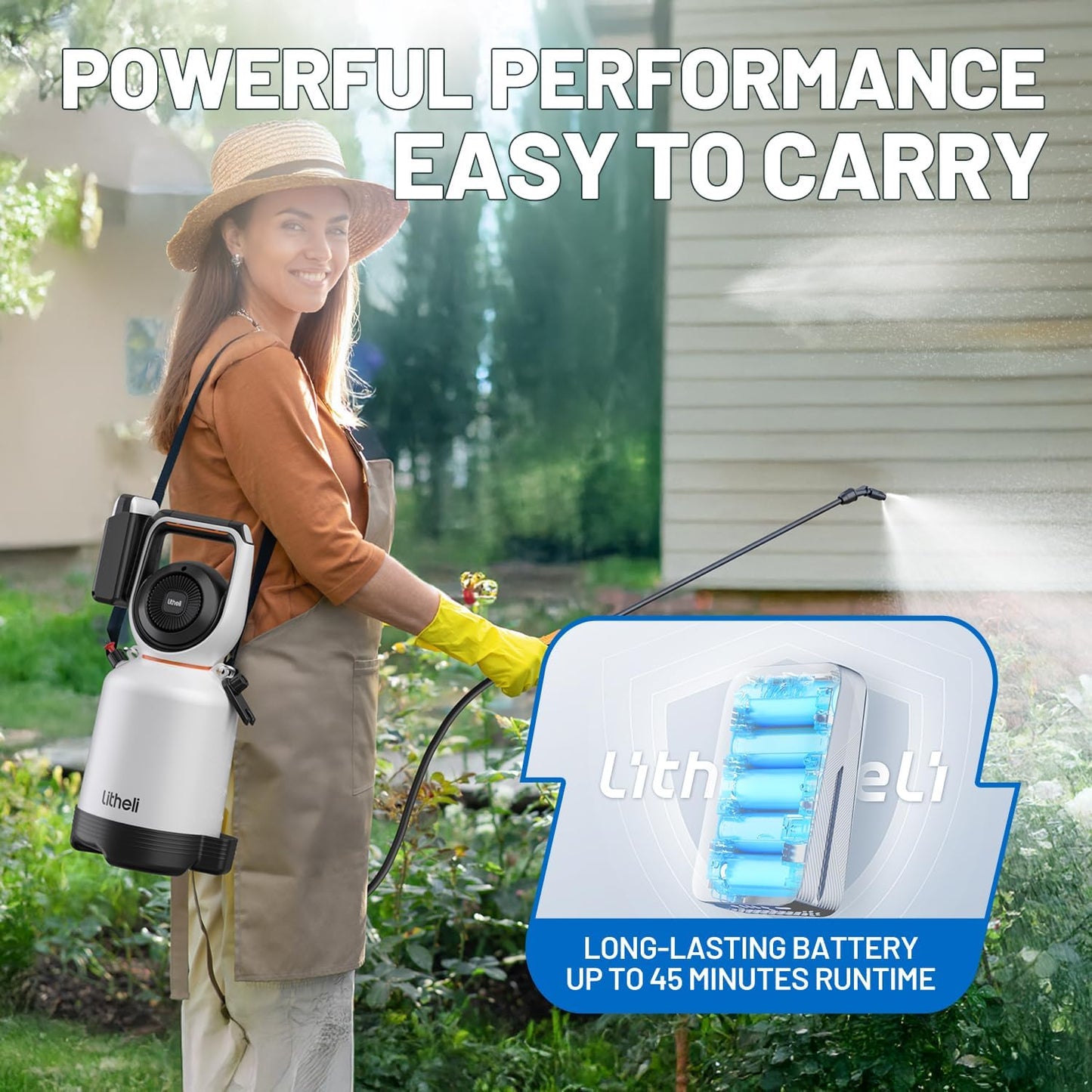 Litheli 20V Cordless Garden Sprayer, 1.3 Gallon/4.75L Pump Sprayer, Intelligent Pump Pressure Control, 2 Spray Modes for Spraying Plants, Garden Watering, with 2.0Ah Battery Included