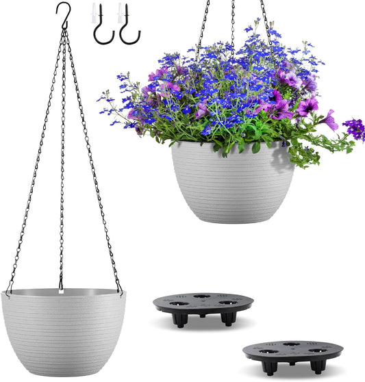 Hanging Planters for Indoor Outdoor Plants, Set of 2 Self Watering Hanging Pots with Drainage Hole & Plug and 20" Chain & Hooks