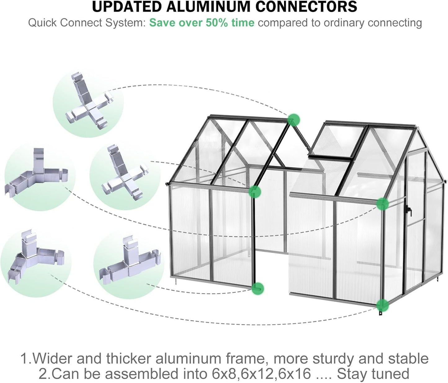 Polycarbonate Greenhouse, 8.2x6.2 FT Easy Assembly Aluminum Heavy Duty Greenhouses for Outdoors w/ Window, Swing Door, Walk-in Green House for Sunroom,Outside, Backyard, Garden, Black