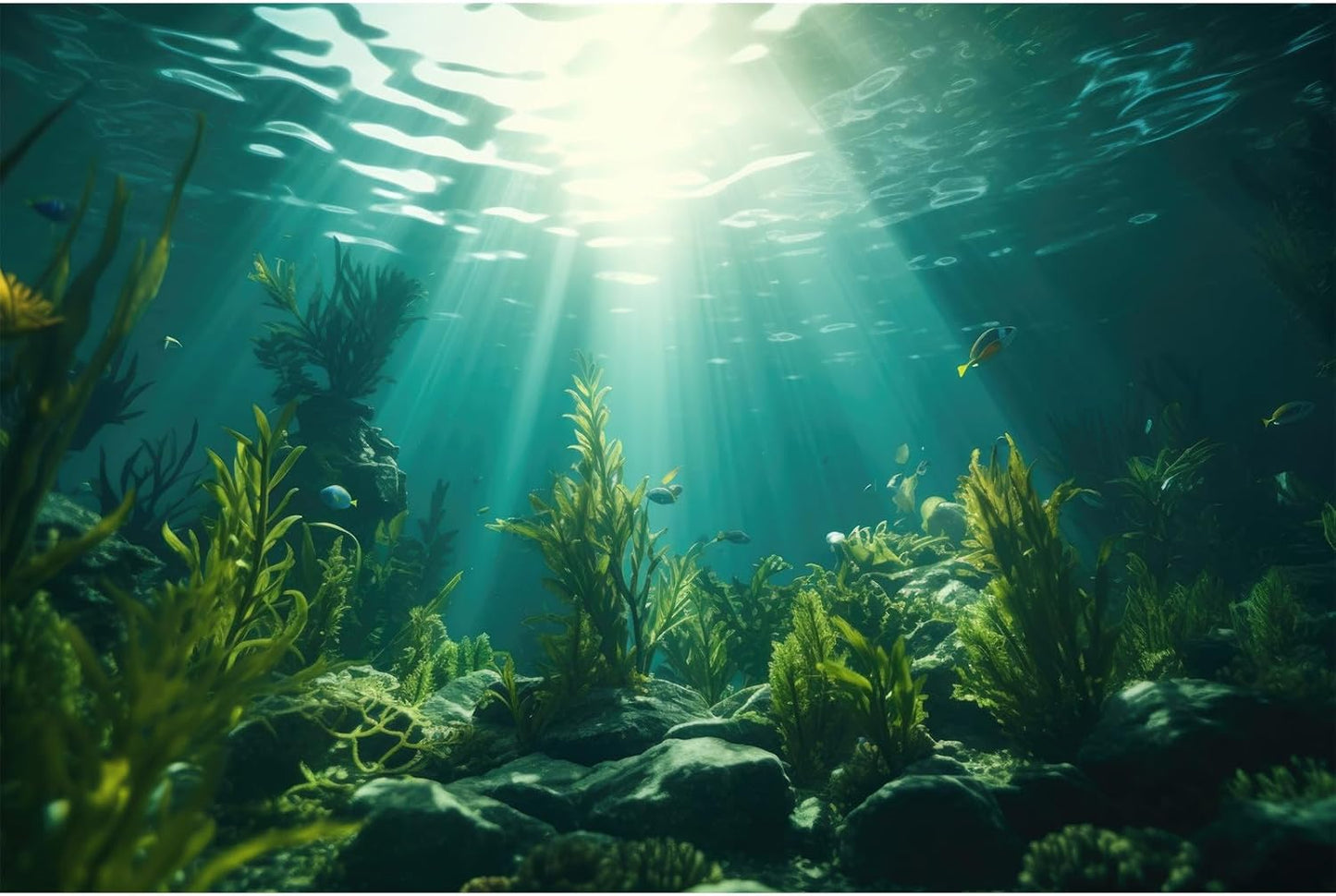 Ocean Aquarium Background Aquatic Plants with Rocks Terrarium Backdrop Sunlight Rays Deep Sea Fish Tank Background Aquarium Wallpaper Poster Decor Vinyl 36x18in