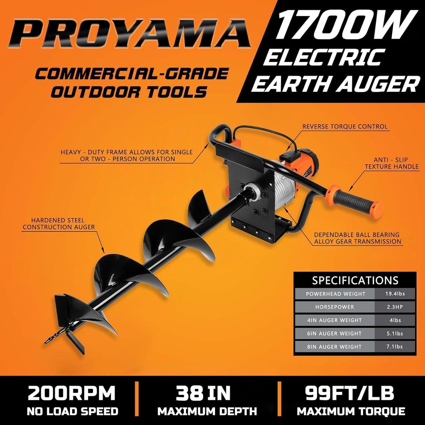 PROYAMA Electric Post Hole Digger, 1700W Corded Earth Auger with 4" 6" 8" Drill Bit, 12" Extension Rod, Reverse Control, 5-Year Warranty Gear Box, Ideal for Post Hole Digging, Drilling, Tree Planting