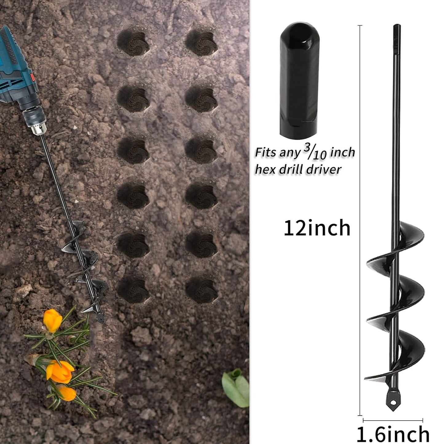 TCBWFY Auger Drill Bit for Planting,1.6"x12"Solid Shaft Garden Auger Drill Bit with Extensive Spirals,Spiral Hole Drill Bit for Planting Bulbs,Flowers,Post Holes,Earth Auger for 3/8" Hex Drive Drill