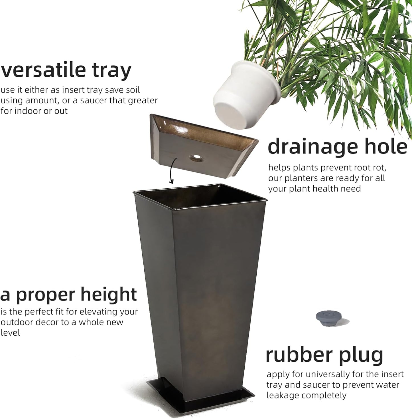 KOL 25'' & 28'' Tall Glazed Planter with Saucer, Set of 2, Galvanized Steel Planter Metal Pots for Indoor & Outdoor Use, Decorative Flower Plant Pots with Drainage Hole for Porch, Patio, Deck - Black