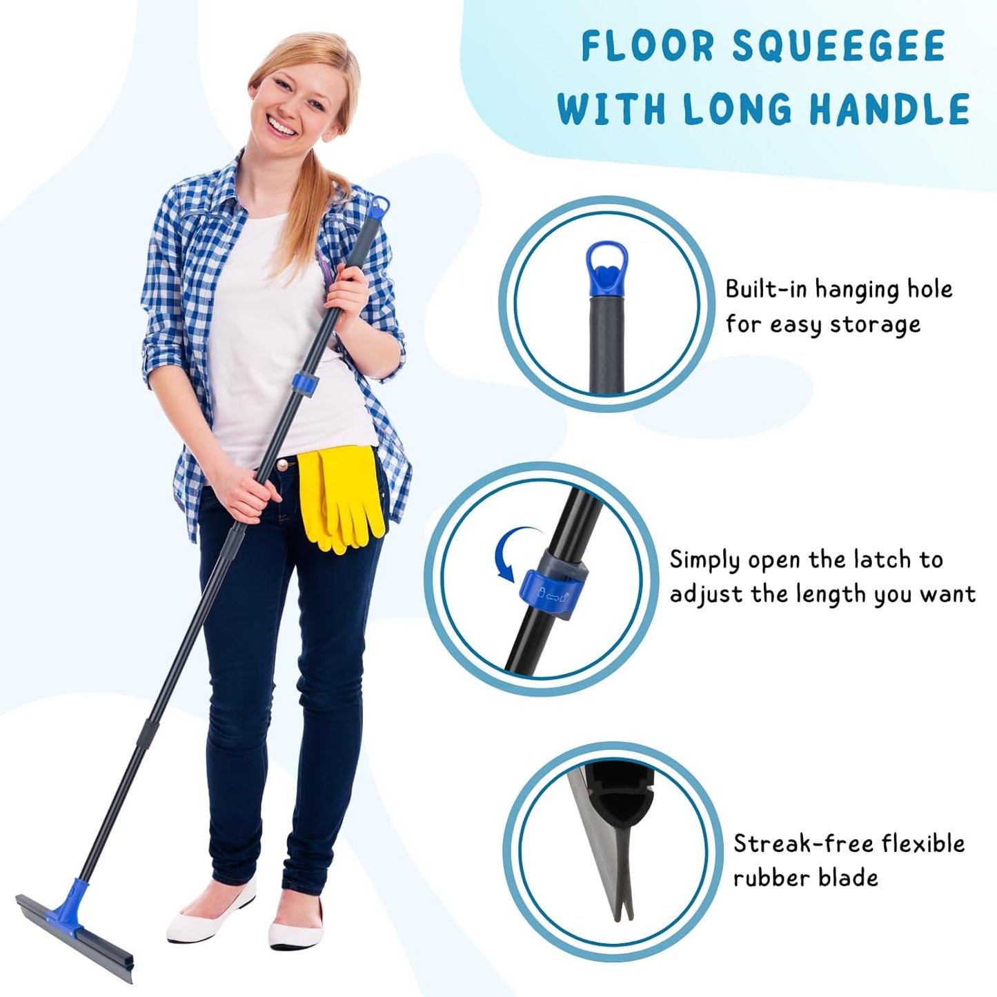 Floor Squeegee with Telescopic Long Handle 59'', Heavy Duty 18" Rubber Wiper Broom for Concrete, Bathroom Tile, Garage, Deck