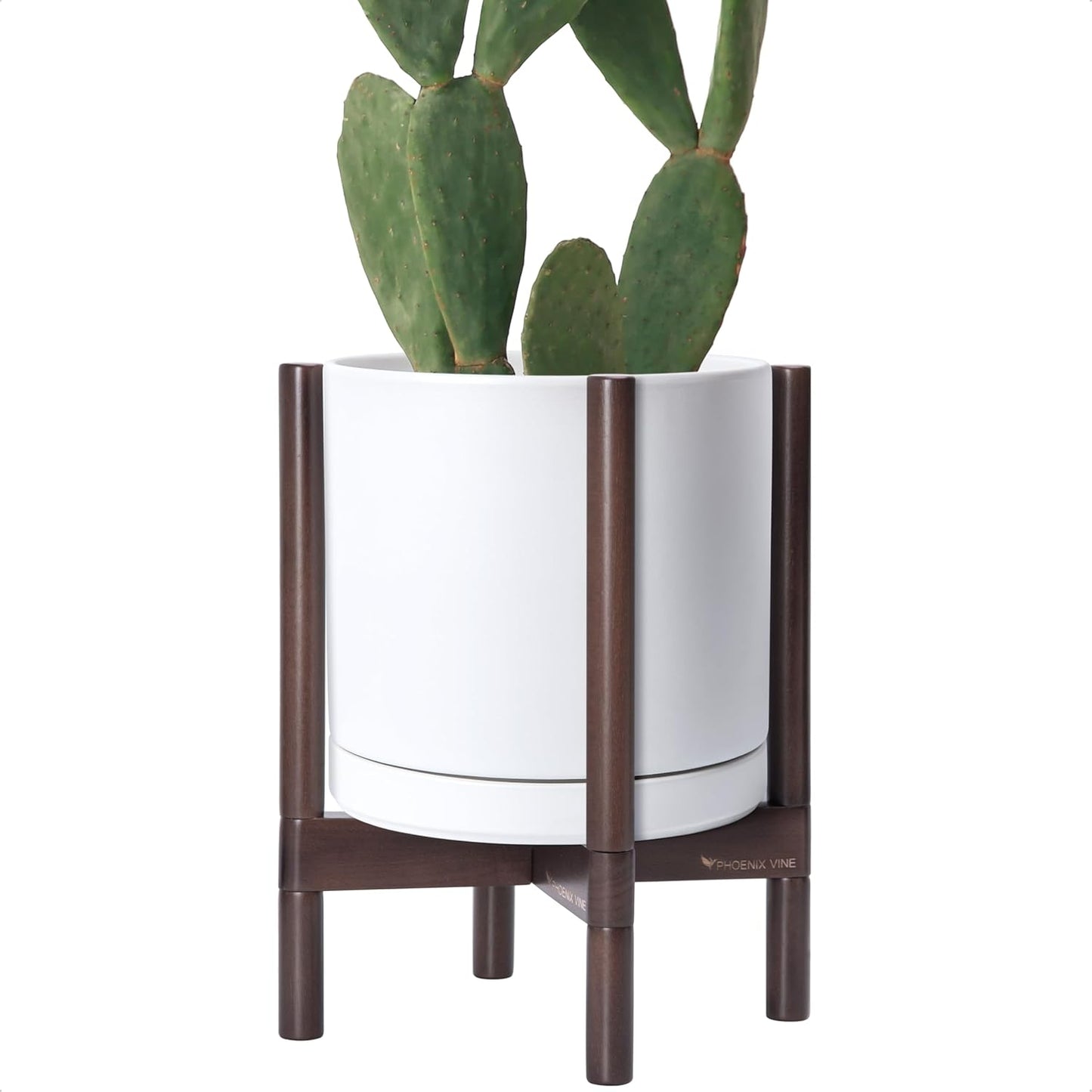 D'vine Dev Ceramic Planter with Walnut Color Stand - 12 Inch Modern Round Flower Pot with Wood Planter Holder, White, 55-B-W-1