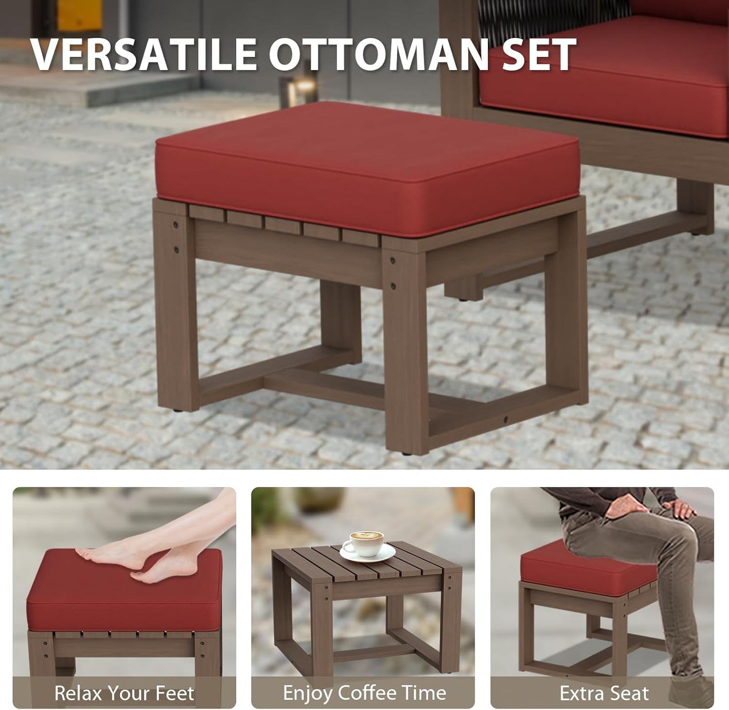 EAGLE PEAK Natural Wood Outdoor Patio Furniture, Cedar Furniture, Conversation Set, Outdoor Seating for Deck Patio Porch, Sofa & Ottomans, 3 Pieces, Brown/Red