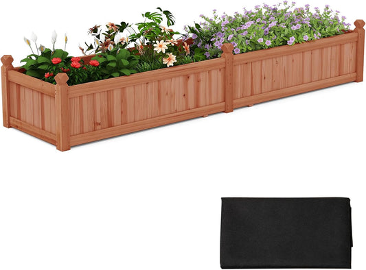 HAPPYGRILL Raised Garden Bed, Wood Elevated Flower Box with 8 Drain Holes, Liner, for Flowers, Vegetables, Herbs, Fruits, Outdoor Planter Box for Backyard, Garden, Lawn, 89" x 23.5" x 16"