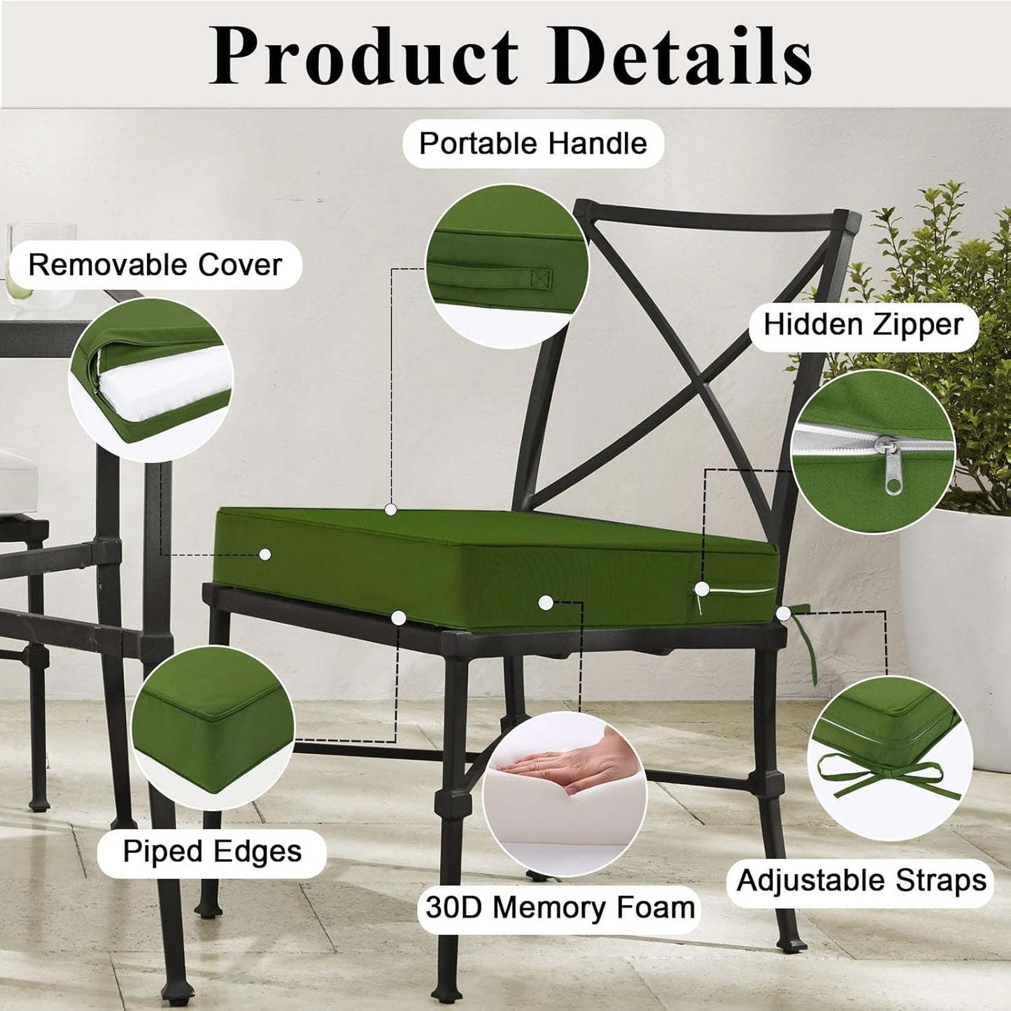 Outdoor Chair Cushions Set of 2 for Patio Furniture 19x19x4 Inch Waterproof Patio Chair Cushion 3 Year Color Fastness Square Elastic Foam Garden Couch Pads with Ties and Handle,Green