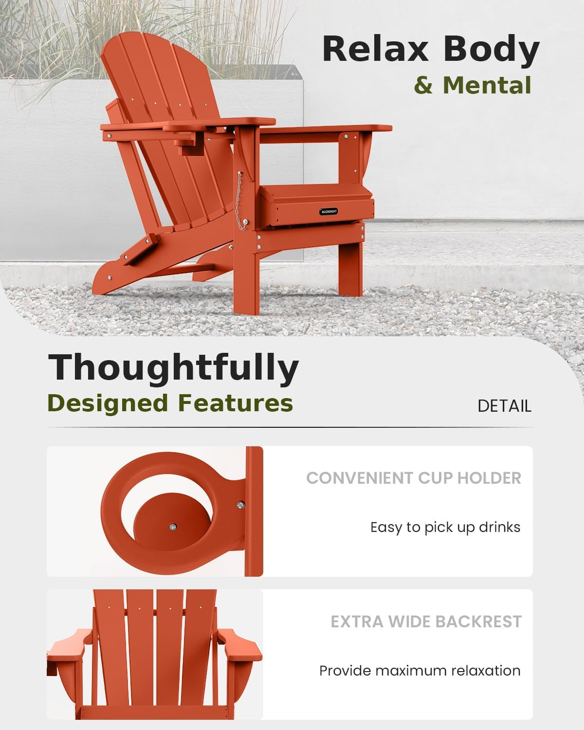 MUCHENGHY Folding Adirondack Chairs, Patio Chairs, Lawn Chairs, Outdoor Chair, Adirondack Chair Plastic, Fire Pit, Weather Resistant with Cup Holder for Deck, Backyard, Garden(Orange)