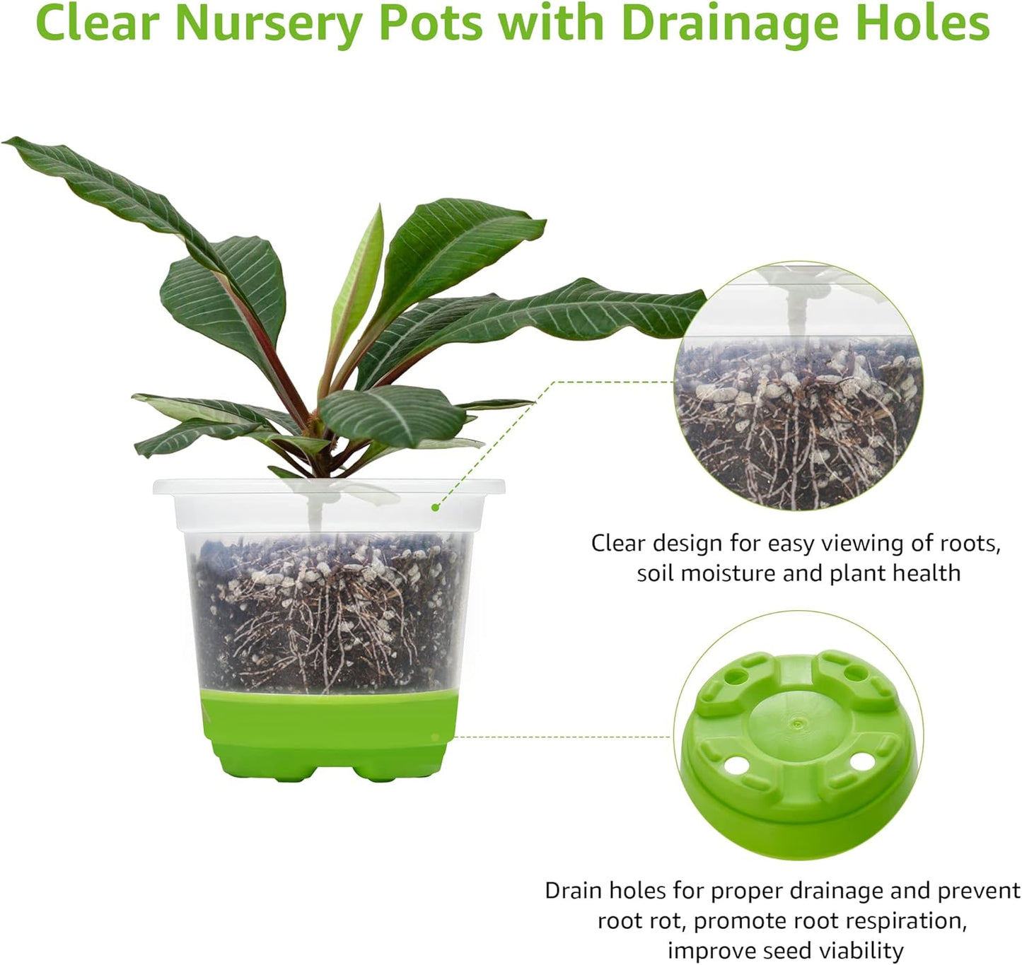 MIXC 30 Packs 4" Reinforced Clear Nursery Pots with Silicone Base for Easy Transplant, Transparent Plastic Plant Pot Reusable Seedling Pots Seed Starter Pots Flower Pot, Green