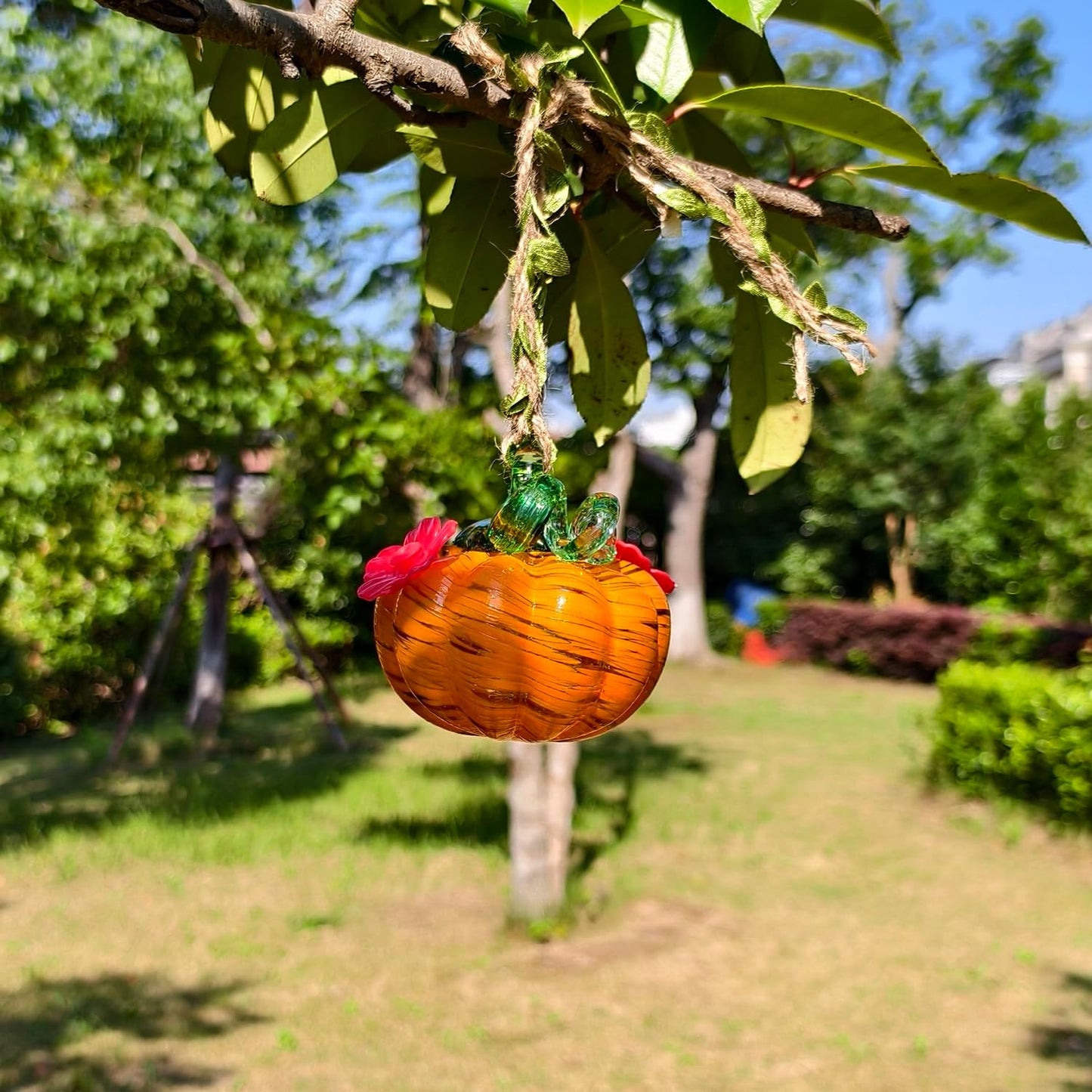 Small Glass Hummingbird Feeders for Outdoors Hanging - Hand Blown Glass Pumpkin Nectar Feeding, Orange Yellow with 2 Flowers Feeding Ports, Decor for Garden/Backyard Outside