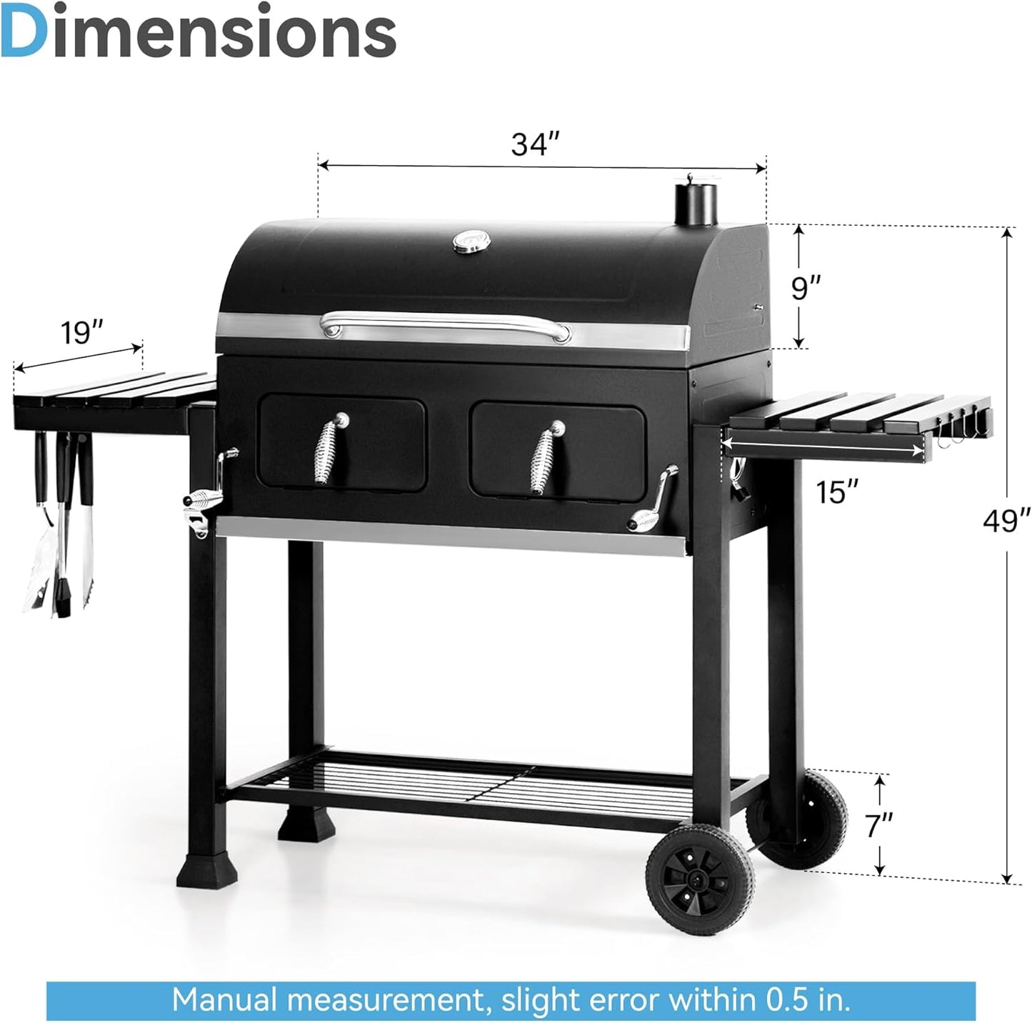 GREEN PARTY Barrel Charcoal Grill with Side Tables, 794 Square Inches Cooking Space, Large Charcoal BBQ Grill with 2 Height-Adjustable Charcoal Pans for Outdoor Backyard Patio Picnic Parties Camping