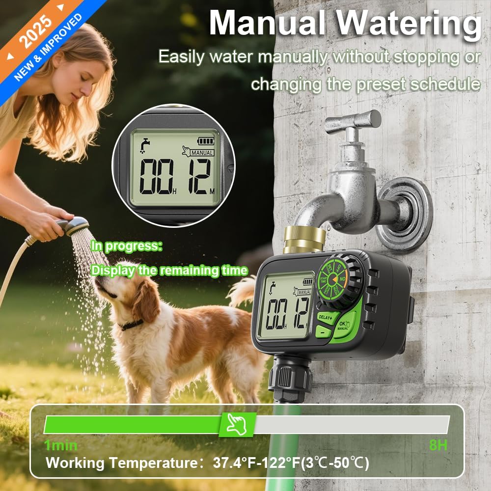 Sprinkler Timer Water Hose Timer - Programmable Digital Irrigation Outdoor Waterproof with Rain Delay, Manual, Automatic Watering System for Yard, Lawn, and Garden Hose Brass Inlet 1 Outlet
