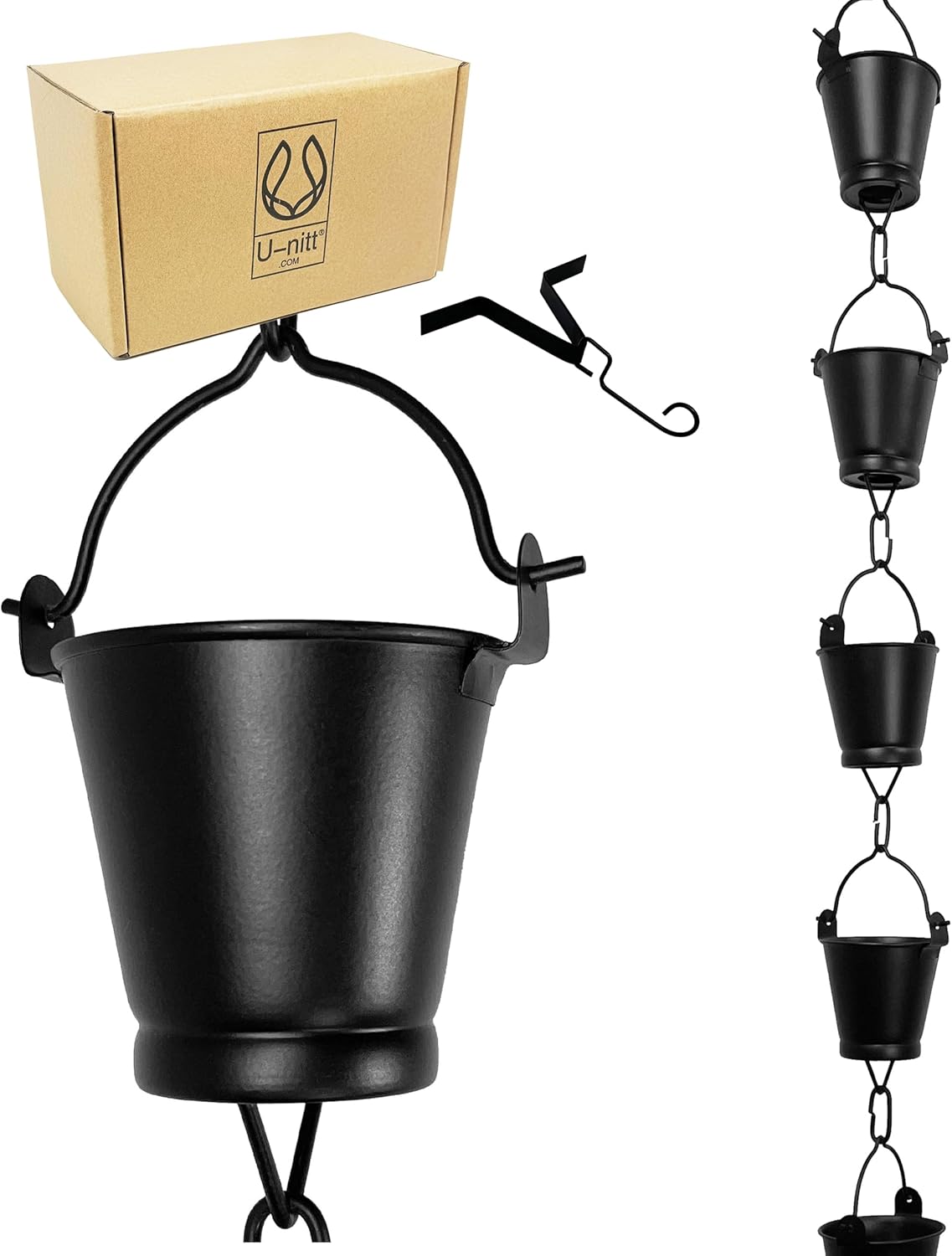 U-nitt Rain Chain Water Collection for Gutters, Rainwater Catcher & Diverter, 8.5 FT Chains for Outside Garden, Black Bucket Cups, Roof Downspout, Works with Heavy Rain, w/Gutter Clip for Rainchains