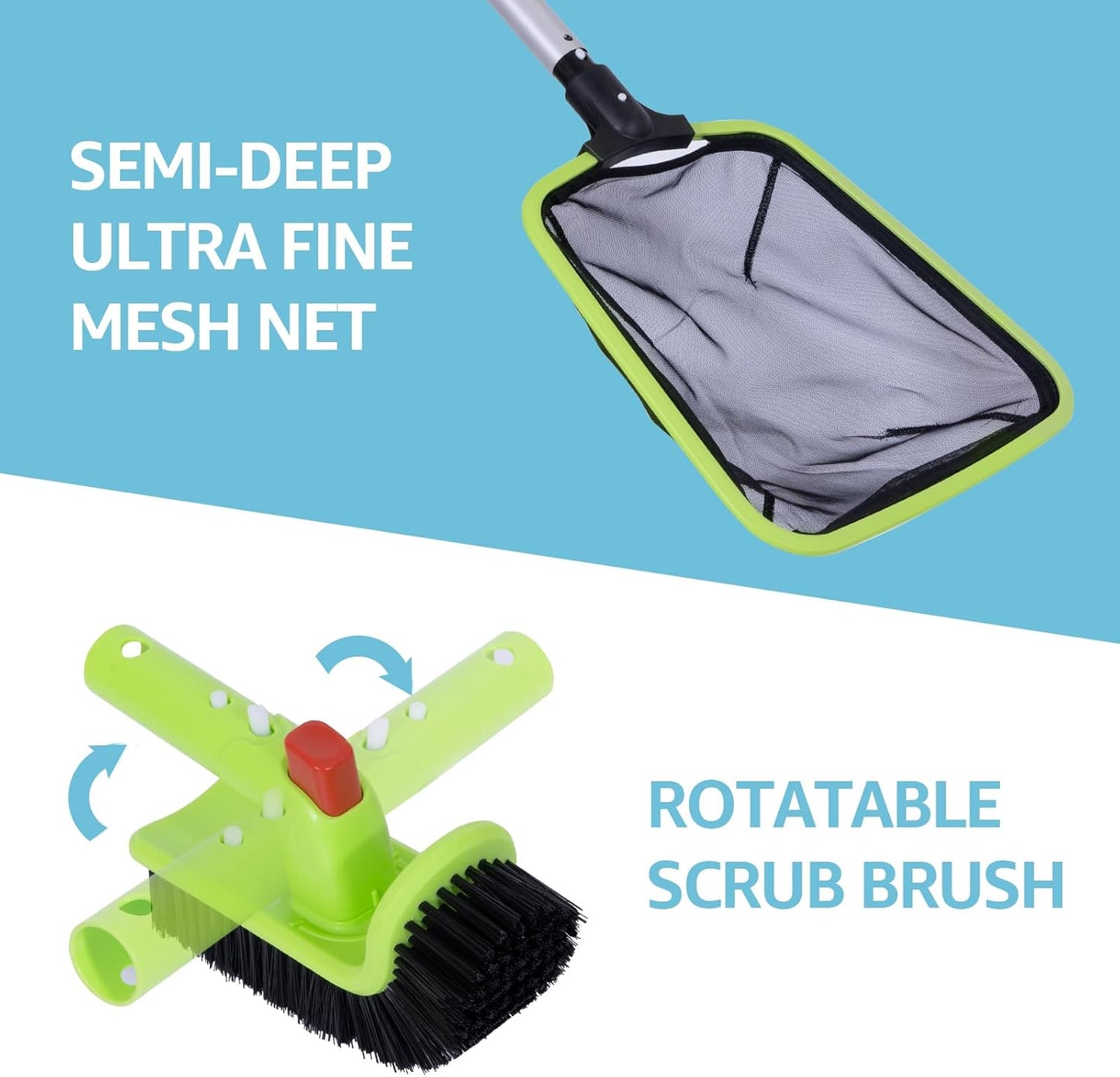 Sepetrel Deluxe Swimming Pool Cleaning Kit Including Professional Leaf Skimmer Net,Half-Depth Fine Mesh Net,17.5" Pool Brush Head & Hand Scrub Brush(NO Pole)