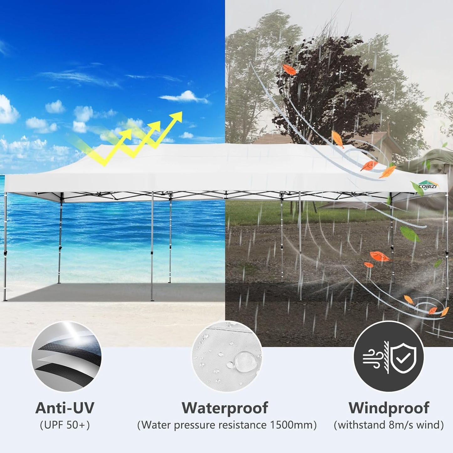 COBIZI 10x30 Pop up Canopy, Heavy Duty Outdoor Party Tents for Parties, Ez up UPF 50+ Waterproof Commercial Canopy with Wheeled Bag can fold, White(Windproof Upgraded)