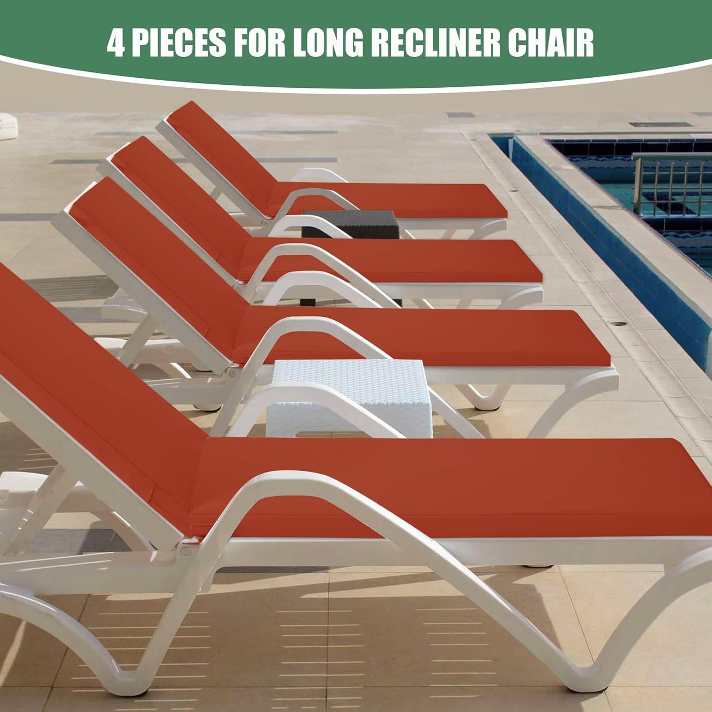 Chaise Lounge Cushions Outdoor Set of 4 - Waterproof and Fade Resistant Sun Lounger Replacement Cushions - Patio Lounger Pads with Removable Cover for Pool, Deck, 72 x 21 x 3 Inch, Rust