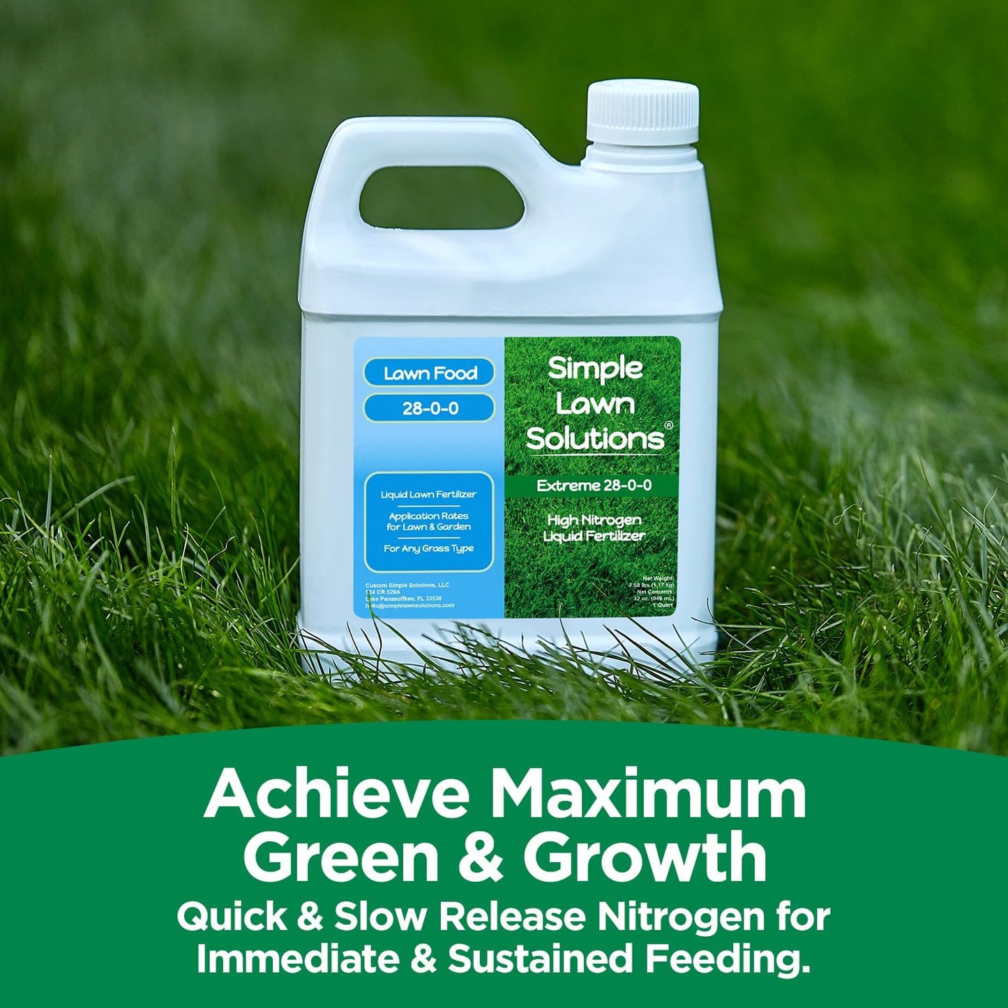 Maximum Green & Growth- High Nitrogen 28-0-0 NPK- Lawn Food Quality Liquid Fertilizer- Spring & Summer- Any Grass Type- Simple Lawn Solutions - Concentrated Quick & Slow Release Blend (1 Quart)