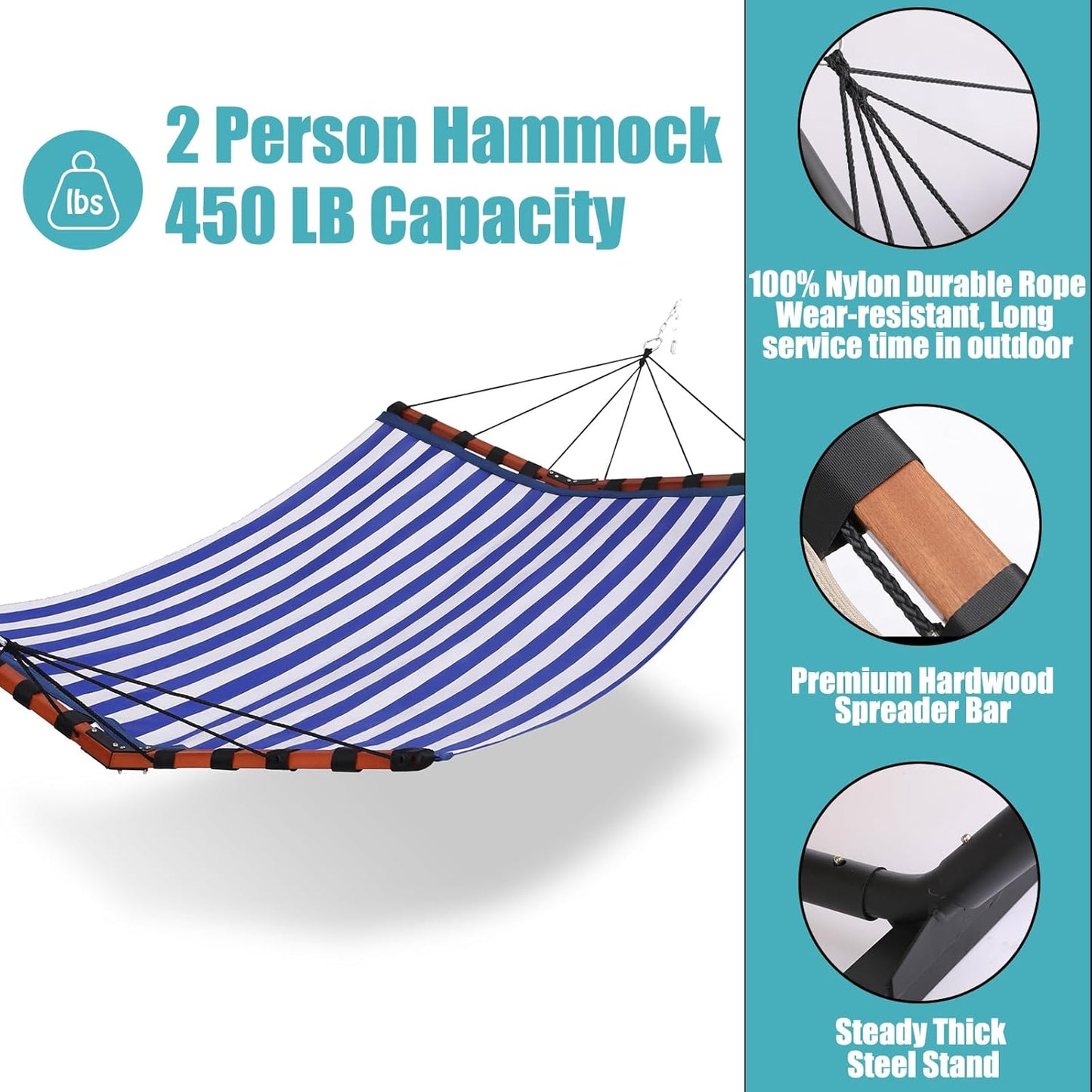 TegerDeger 12FT 2 Person Hammock Large Hammock Quick Dry 450LB Capacity with V Shaped Hardwood Spreader Bar & Nylon Rope for Outside, Patio, Garden, Backyard, Beach, Poolside - Blue Stripes