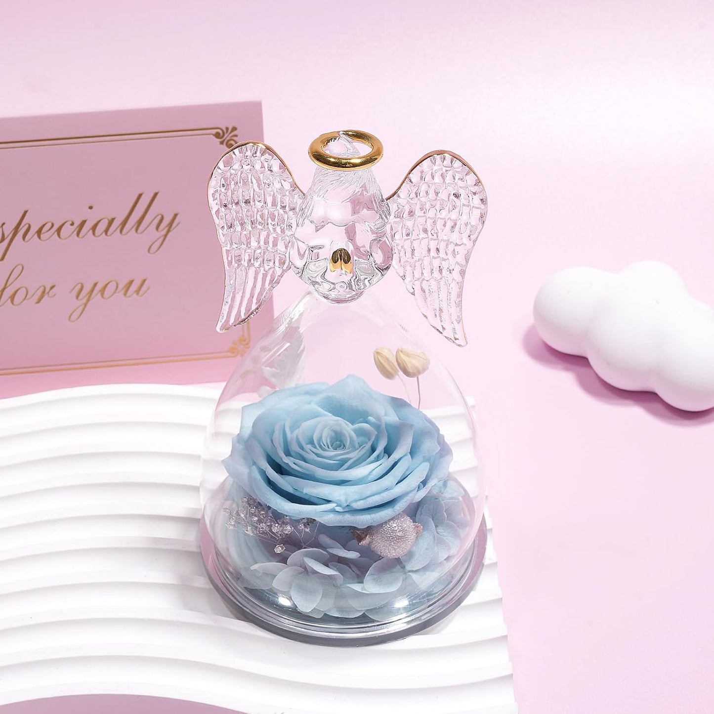 Yamonic Mom Birthday Gifts for Mom, Glass Angel Figurines Forever Real Rose Gifts for Her Women Grandma, Preserved Rose Angel Figurine for Mothers Day Birthday Gifts for Moms from Daughter(Pale Blue)