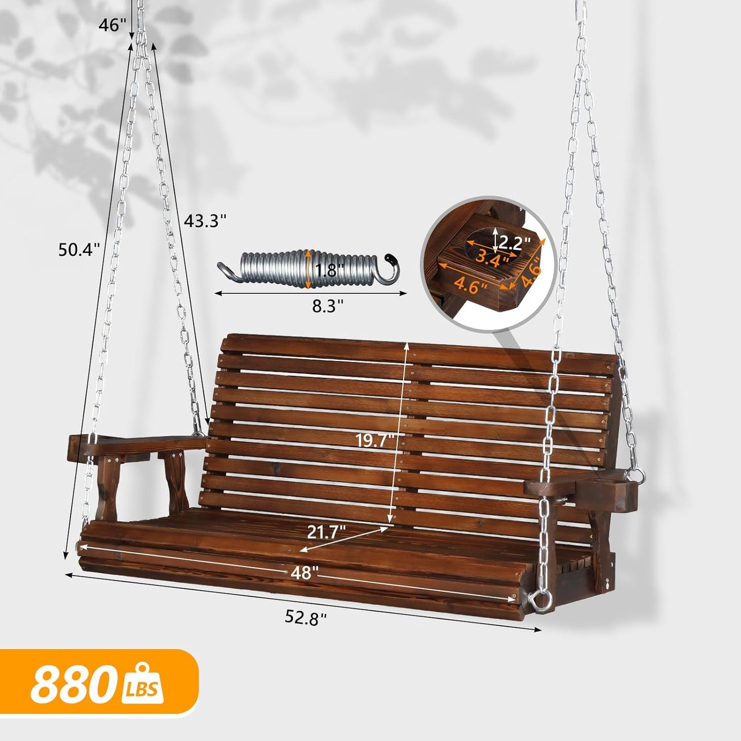 VINGLI XL Size Patio Wooden Porch Swing Outdoor with Cup Holders, Heavy Duty 880 LBS Hanging Swing Chair Bench with Hanging Chains for Yard, Lawn, Garden (4 FT Pro, Rustic)