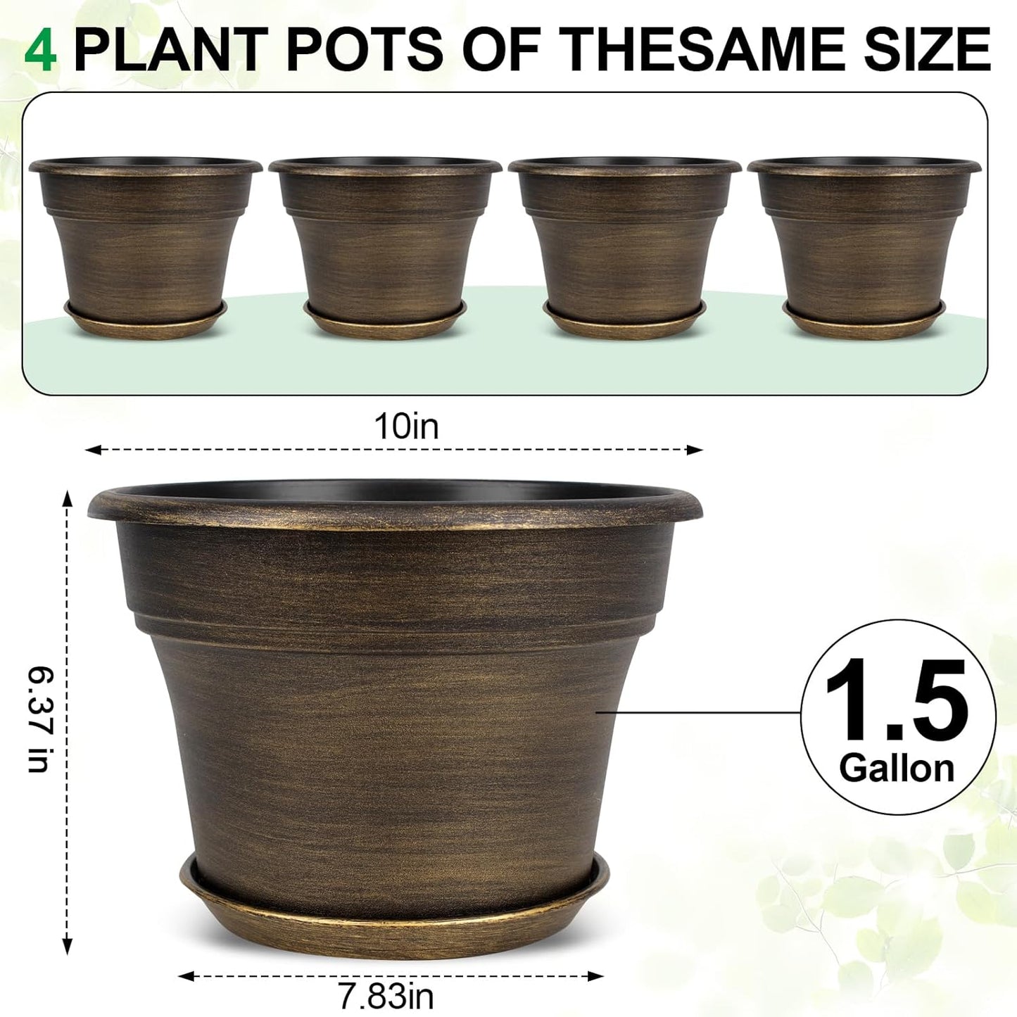 Plant Planters Pots Set of 4 Pack 10 Inch, Plastic Flower Pot for Indoor Plants with Drainage Holes & Trays, Resin Decorative Container Sets with Saucer for House Outdoor Garden Planters Dark Gold