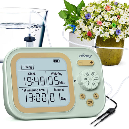 Automatic Plant Waterer Indoor Self Watering System for 15 Potted Plants, Auto Drip Irrigation Kit Programmable Water Timer with Smart Humidity Detection, Green