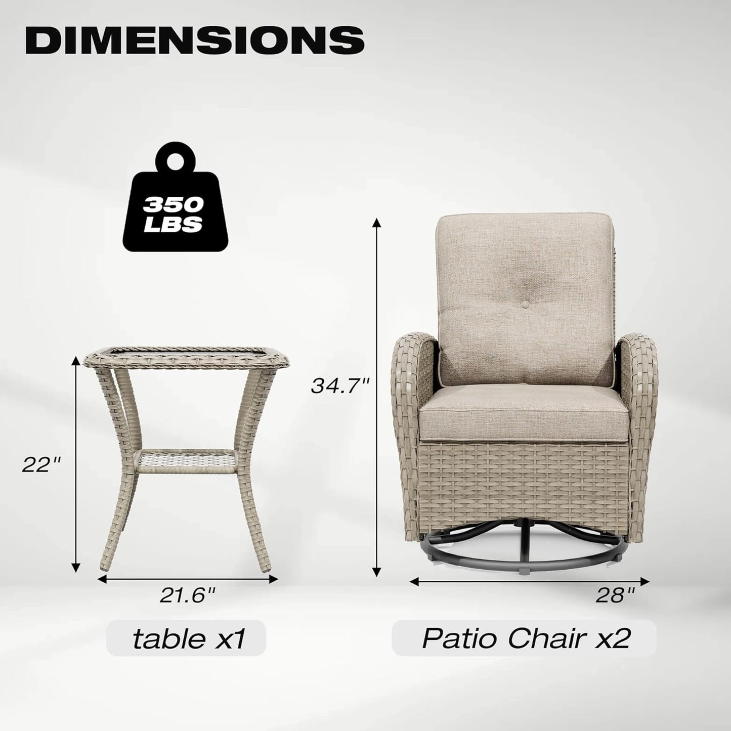 Joyside Outdoor Swivel Rocker Chairs, 3 Piece Wicker Patio Set with Thick Cushion and Side Table, Rattan Patio Swivel Rocking Chairs for Porch, Deck Use (Natural/Beige, 3 PCS)