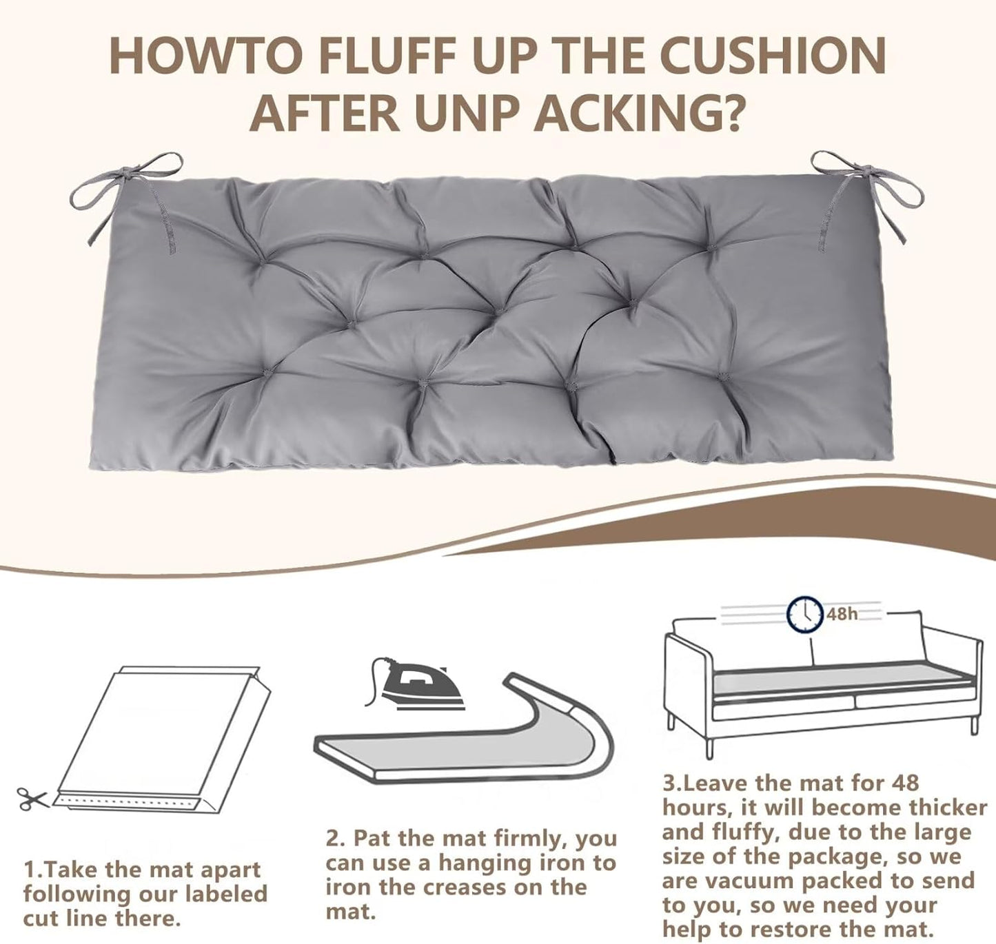 39.3in Waterproof Indoor/Outdoor Garden Bench Seat Cushions，Thicken Patio Bench Soft Rocking Chairs Pad Lounger Seat for Wicker Loveseat Settee（39.3 X 19.10 in,Light Grey ）