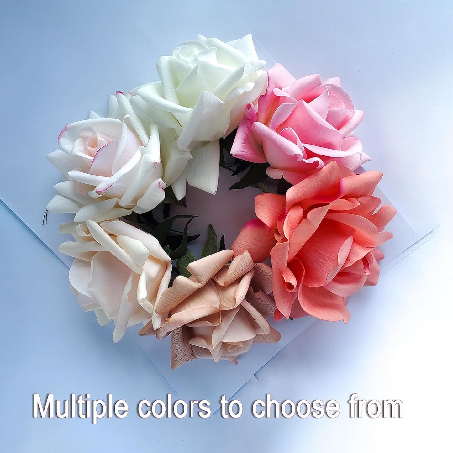 Artificial flower real touch roses feel and look realistic fake roses with short stems, suitable for gift, for wife girlfriend mom friends, Indoor home table，cake, hotel, car decoration (pink white)