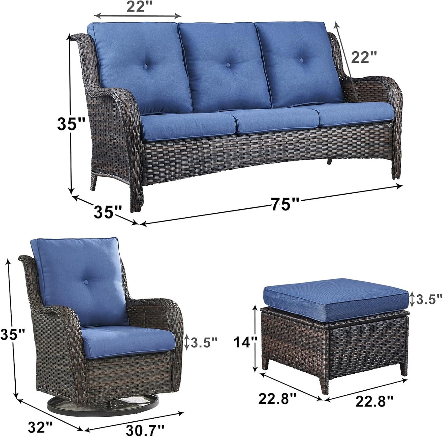 Outdoor Wicker Patio Furniture Set - 5 Piece Rattan Patio Conversation Set with 2 Rocking Swivel Chairs,2 Ottomans and 1 Sofa for Porch Deck Backyard Garden(Brown/Blue)