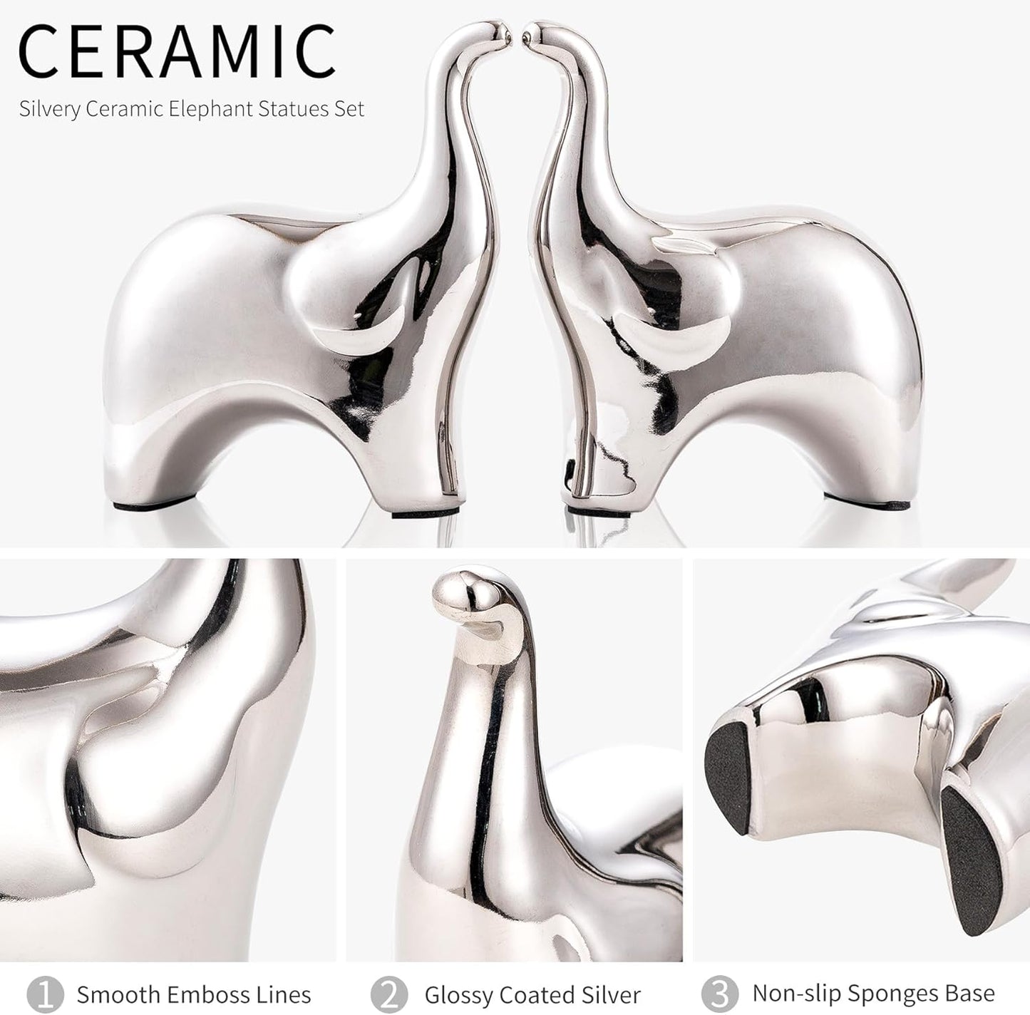 Loving Pair of Small Cute Silver Elephant Statues Silver Home Decor Modern Boho Style Figurine Decorative Ornaments for Living Room, Bedroom, Office Desktop, Cabinets, Shelf