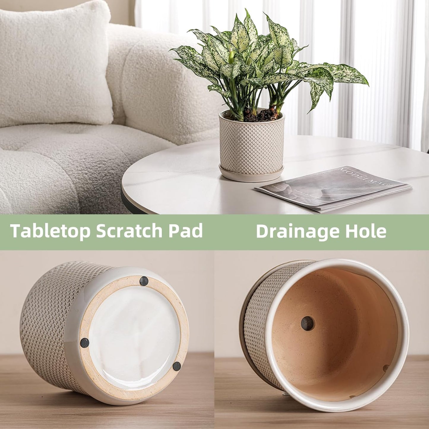 5.8 Inch Plant Pot: Ceramic Planter with Drainage Hole & Saucer for Indoor Outdoor Plants - Flowerpot with Bonded Tray for Home Office - Beaded Embossed Style, Cream White