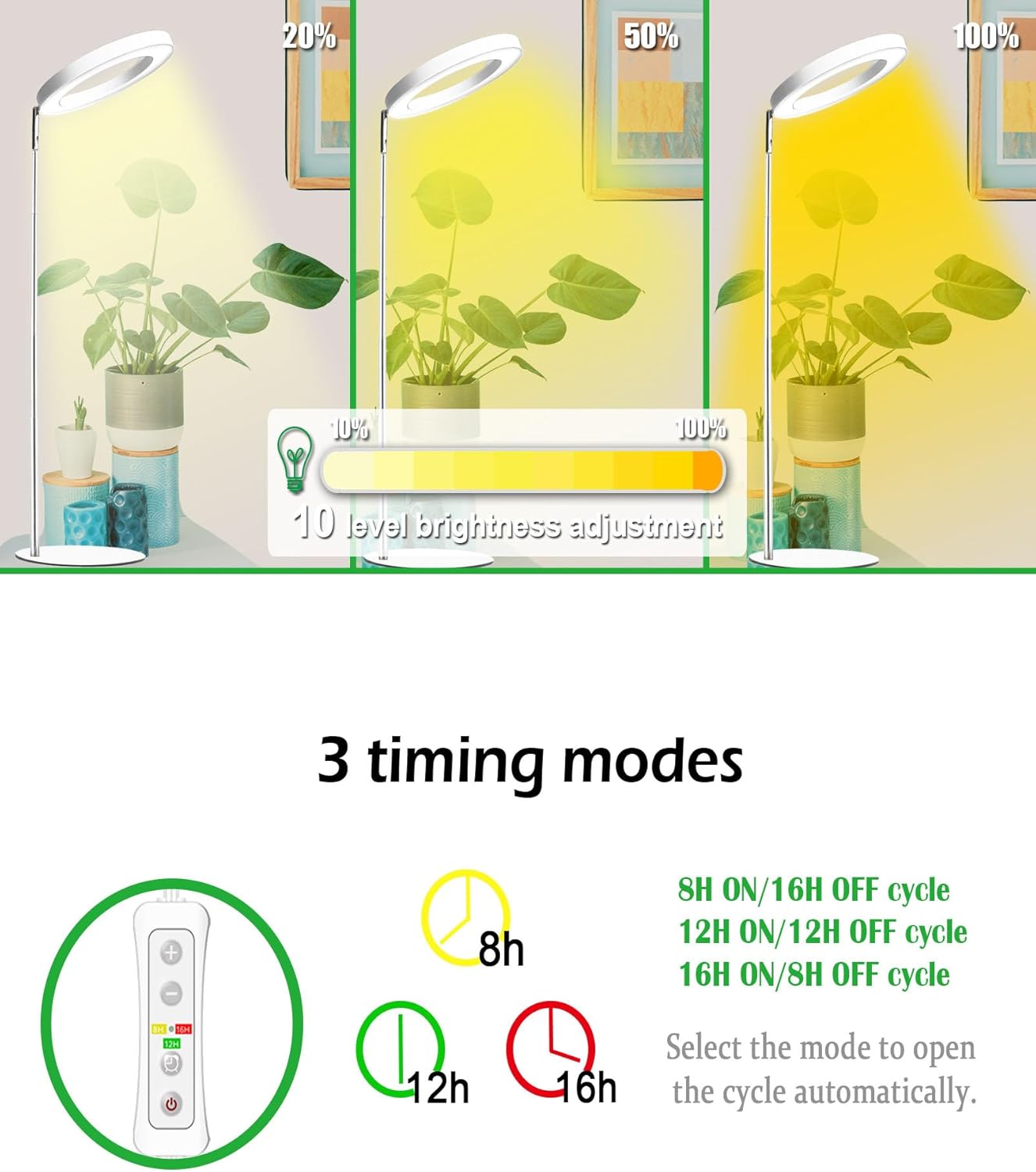 yadoker 144 LEDs Full Spectrum Plant Grow Light for Indoor Plants，Height Adjustable, 6.3" Aluminum Housing,Automatic Timer with 8/12/16 Hours,10-Level Brightness,Ideal for Small and Medium Plant Grow