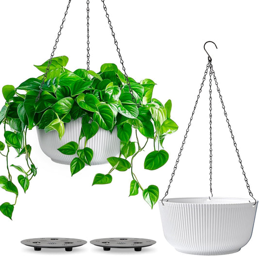 T4U Hanging Planter Self Watering 8 Inch, 2 Pack White Indoor Outdoor Hanging Plant pots, Hanging Flower Pot with Drainage Hole & Plug & Chain with 3 Hooks for Garden Home Decor