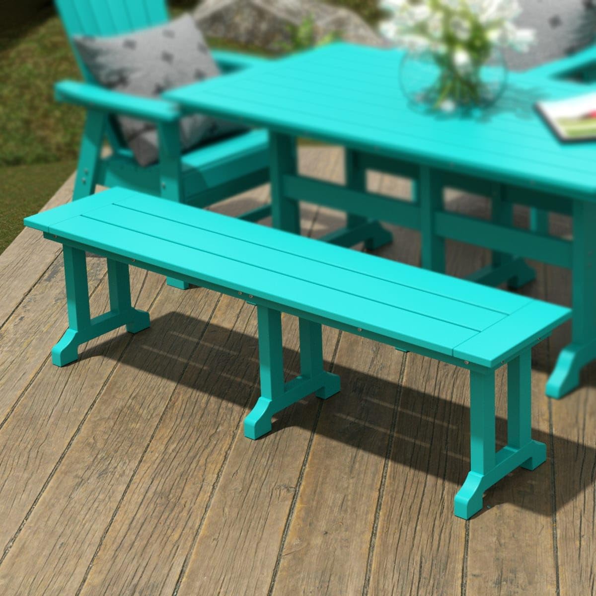 WestinTrends Malibu 65" Outdoor Dining Bench, All Weather Resistant Poly Lumber Patio Garden Bench Trestle Long Bench for Both Outdoor and Indoor, Turquoise