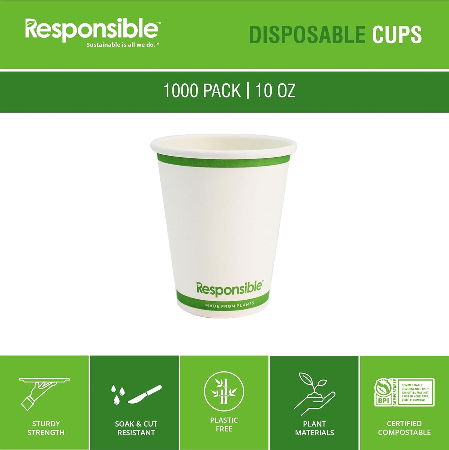 10 oz Paper Hot Cups, Tree-Less™ Compostable Paper Coffee Cups, Extra Strength, Tree-Free and Made Without PFAS, White (1000 Count)